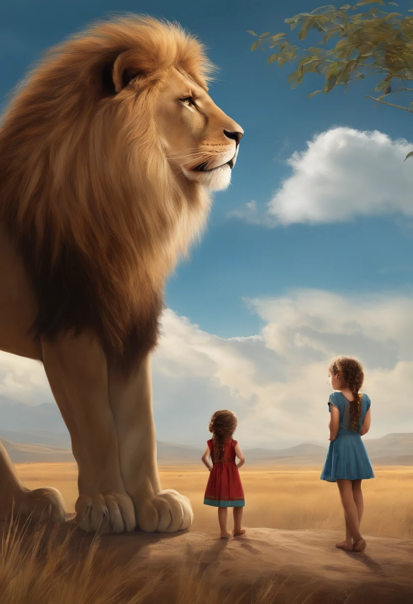 1 little girls,Melancholy and sadness,Crying has tears,Blue sky steppe, Leaning on the lion, Short skirt, (Very detailed background:1.0), (highly detailed back ground:1.0),