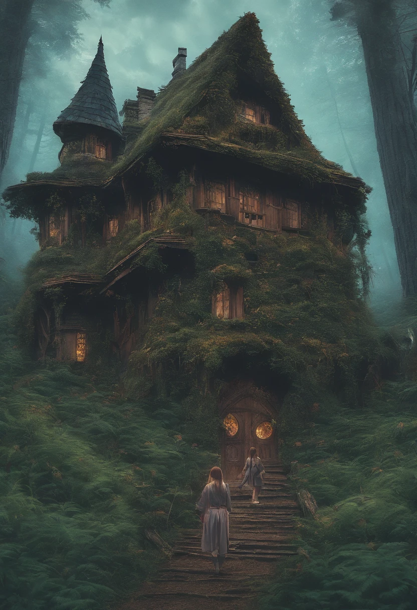 In the foreground is a young woman, Tall girl, stands with his back, Long black hair falls on his back, Over the girl's shoulder you can see how in a clearing of a dense coniferous forest, On a dark night, stands old, Little, wood house, on two low wooden poles. The pillars on which the house stands, braided with leaves and poorly visible. The house is very small from the outside, made of wood and does not look much sinister.