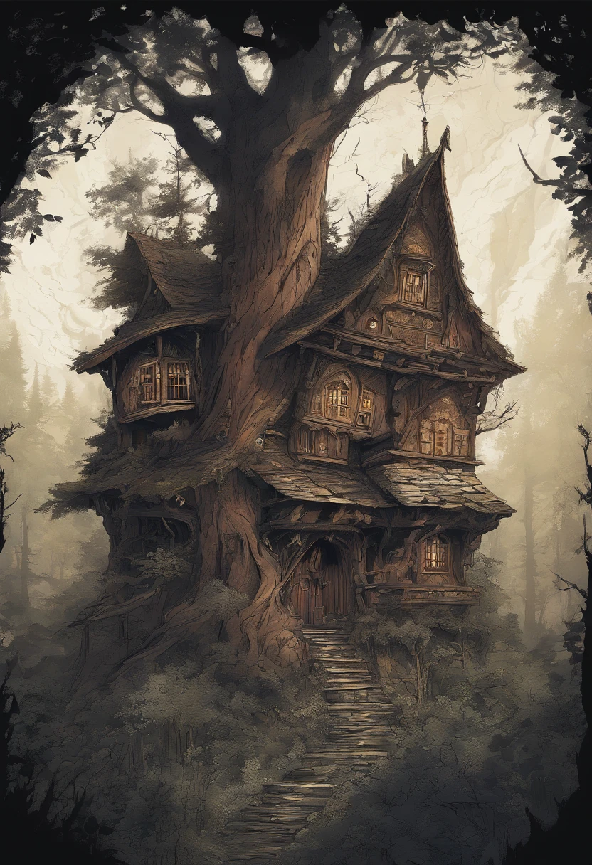 In the foreground is a young woman, Tall girl, stands with his back, Long black hair falls on his back, Over the girl's shoulder you can see how in a clearing of a dense coniferous forest, On a dark night, stands old, Little, wood house, on two low wooden poles. The pillars on which the house stands, braided with leaves and poorly visible. The house is very small from the outside, made of wood and does not look much sinister.