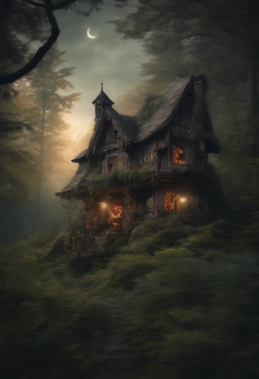 In the foreground is a young woman, Tall girl, stands with his back, Long black hair falls on his back, Over the girl's shoulder you can see how in a clearing of a dense coniferous forest, On a dark night, stands old, Little, wood house, on two low wooden poles. The pillars on which the house stands, braided with leaves and poorly visible. The house is very small from the outside, made of wood and does not look much sinister.