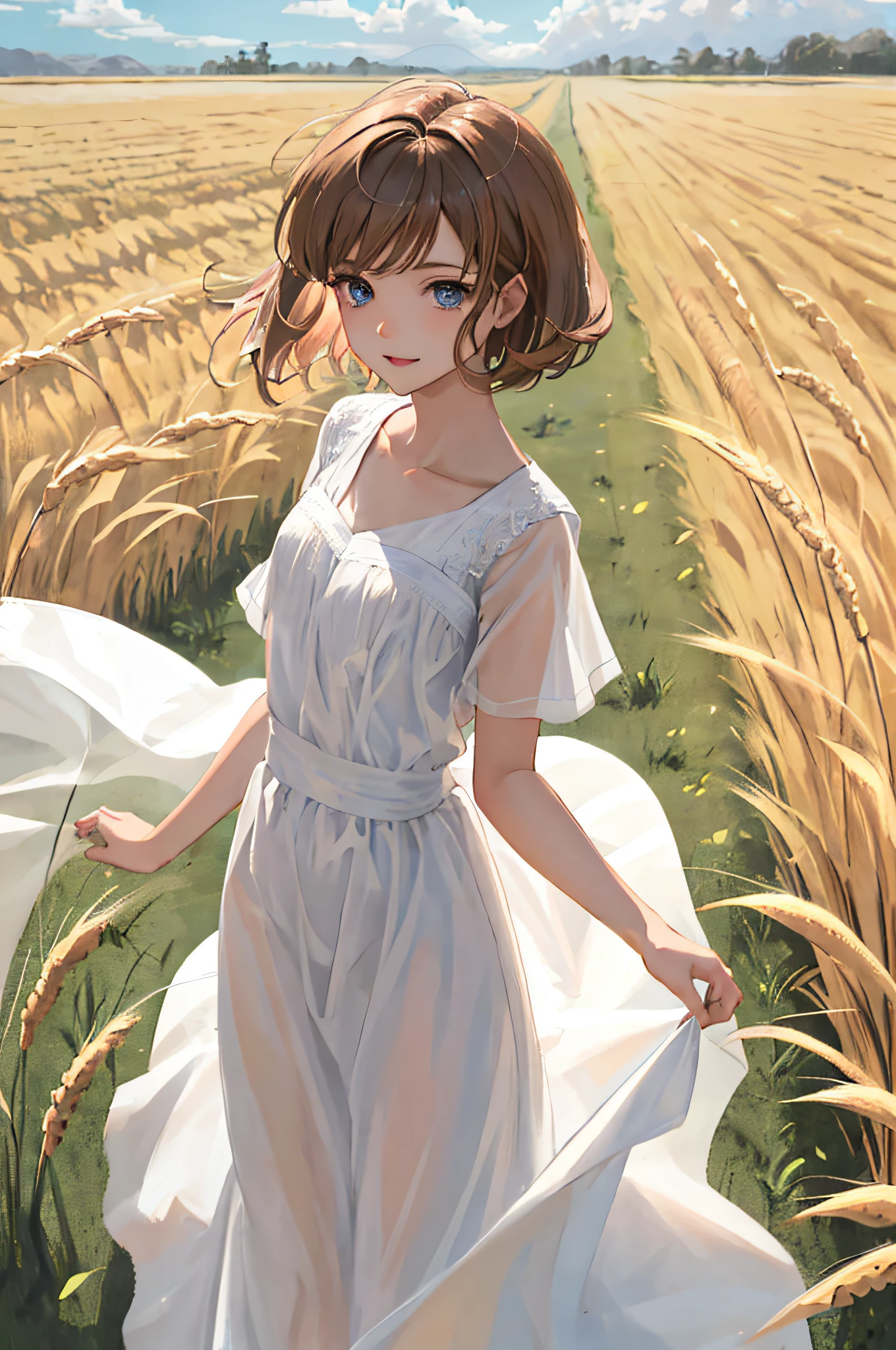 young australian girl walking through a wheat field, {{{wide angle shot:1.2}}}, {{{full body shot:1.2}}}, {best quality}, {{masterpiece}}, {highres}, extremely detailed girl, teenager, australian, {{{pale skin}}}, {{{detailed face}}}, {anime}, {{perfect anatomy}}, sharp focus, {{{character{1 girl}}}}, solo, {{{plain white short sleeve-tshirt, long pink soft maxi skirt}}}, dark blue eyes, {{{{{sharp focus}}}}}, {short hair, long pixie hairstyle, light-brown hair}, {{{detailed cloth texture}}}, {{{detailed skin texture}}}, {{{smooth lighting}}}, {{{australian themed background}}}, light smile, wind blowing, hair flowing in wind, dress flowing in wind, wheat field, house in far background, sun shining,