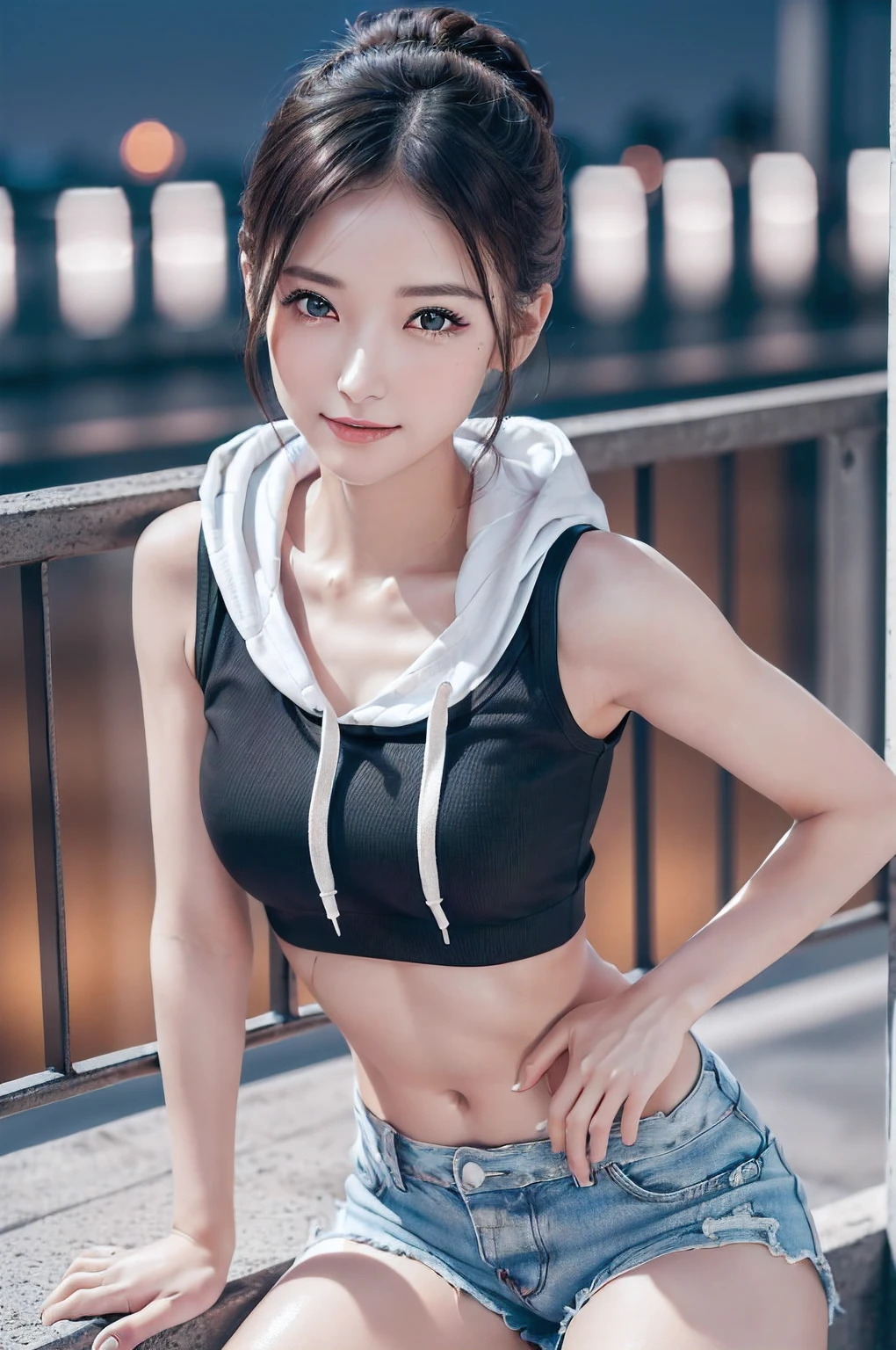 A extremely Cute and Beautiful Pictures of Japan Woman, (22 years old: 1.1), ((upper body:1.3)), ((soft bar lighting: 1.3), (Backlight: 1.3), Full Body Lighting, (face soft lighting), Look Straight, Cinematic Angle, Graceful standing, ((arms behind back:1.3, arms down)), (((night situation:1.5))), (sitting at night Miami beach:1.3, knees up:1.3), (attractive:1.3),
Blake,
punk look:1.3, (black crop-top hoodie:1.3, shorts:1.3), knee-high-over-boots:1.3,
BREAK,
(dark brown eyes, beautiful eyes, princess eyes), (shiny-black hair:1.3, Hepburn style chignon hair:1.3, bangs, hair between eyes, medium-length hair), (slender, abs), (medium breasts:0.95), (thin waist:1.25), solo, (parted lips, pink glossy lips), (beautiful clean skin), (seductive princess smile: 1.25, closed mouth:1.2), (4fingers and thumb:1.3, perfect human hands. detailed human hands),
BREAK,
(Realistic, Photorealistic: 1.37), (Masterpiece, Best Quality: 1.2), (Ultra High Definition: 1.2), (RAW Photo: 1.2), (Sharp Focus: 1.3), (Face Focus: 1.2), (Ultra Detailed CG Unified 8k Wallpaper: 1.2), (Beautiful Skin: 1.2), (Pale Skin: 1.3), (Hyper Sharp Focus: 1.5), (Super Sharp Focus: 1.5), (Beautiful Face: 1.3), (Ultra Detailed Background, Detailed Background: 1.3), (perfect female body), ((frame the head:1.3)), perfect anatomy, perfect proportions, 8.5 life-size, face focus, ultra-realistic photos, ultra-clear images, ultra-detailed images,