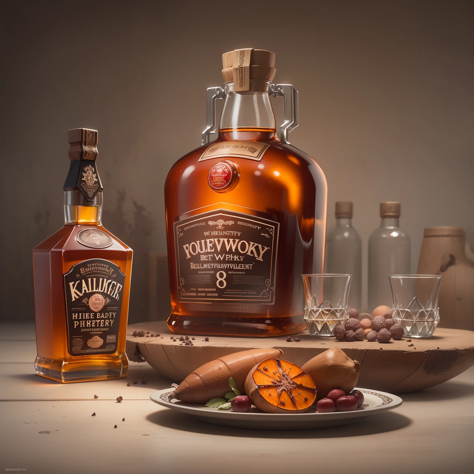 Mechanical liquor beauty,A bottle of whiskey and a plate of baked sweet potatoes,Creative advertising,8K, High quality, Masterpiece, Best quality, k hd, Extremely detailed, voluminetric lighting, Photorealistic