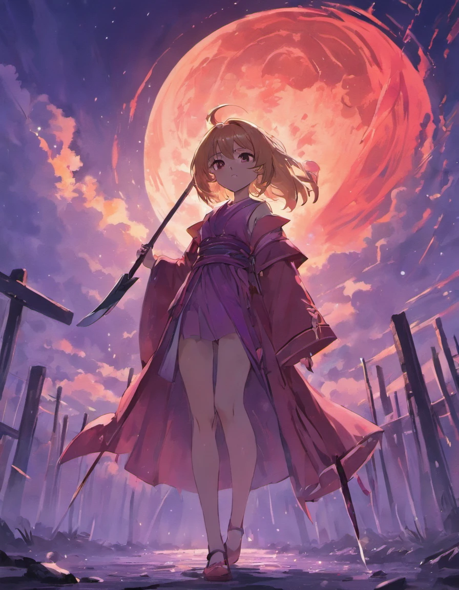 Maiden standing behind the village while wielding a violet scythe under the raining red moon