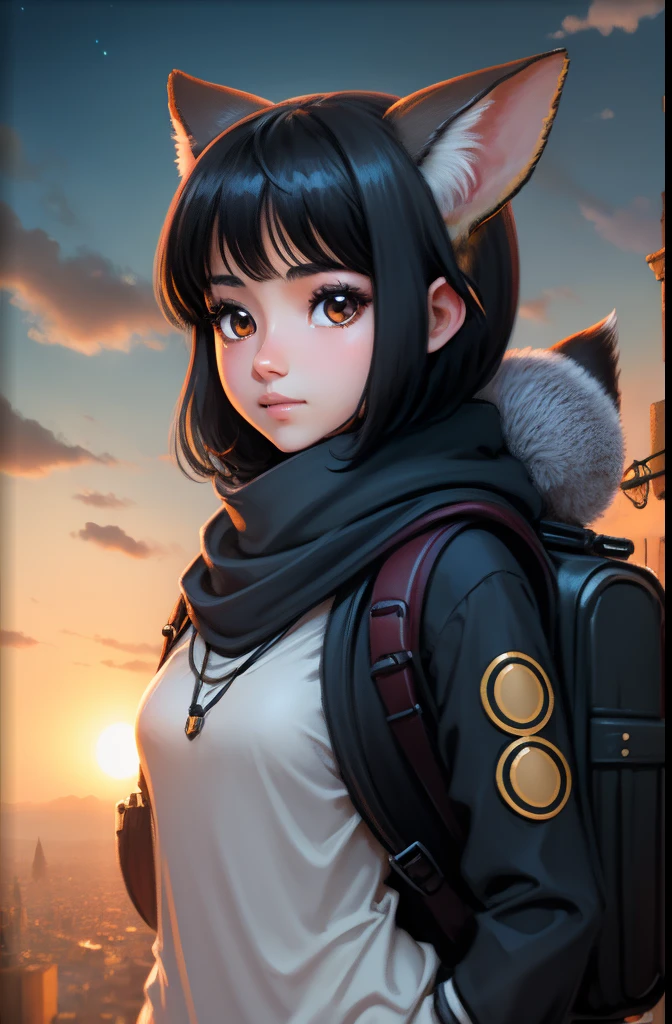 Black-haired fantasy world girl with a jellyfish haircut with black Fennec ears with outlined gray eyes and travel clothes with brown scarf and a travel backpack