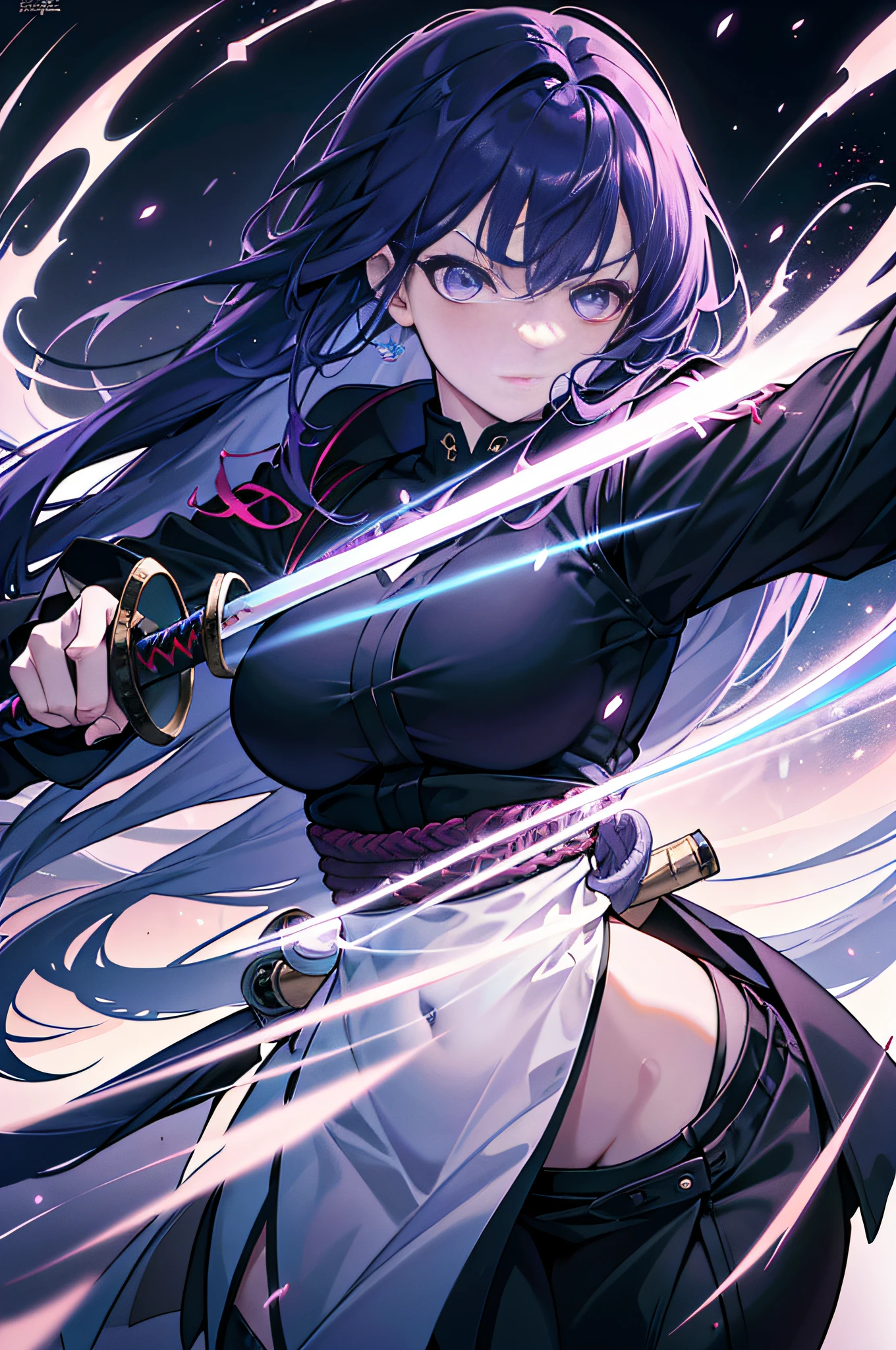 a girl holding katana sword, beautiful purple eyes, blue-haired, beautiful girl, dark background, (best quality, highres, ultra-detailed, realistic:1.37), portraits, vivid colors, studio lighting, sharp focus, extreme detail description, physically-based rendering, exquisite texture, mysterious atmosphere, dramatic lighting, intense expression, intense action, dynamic composition, fantasy setting, magical elements, flowing hair, glowing eyes, powerful stance, intense energy, skillful movement, precision, strength, courage, determination, katana sword, elegant weapon, intricate patterns, reflection on the blade, deep shadows, contrasting highlights, depth and dimension, captivating gaze, mesmerizing beauty, graceful posture, fluid motion, compelling storytelling