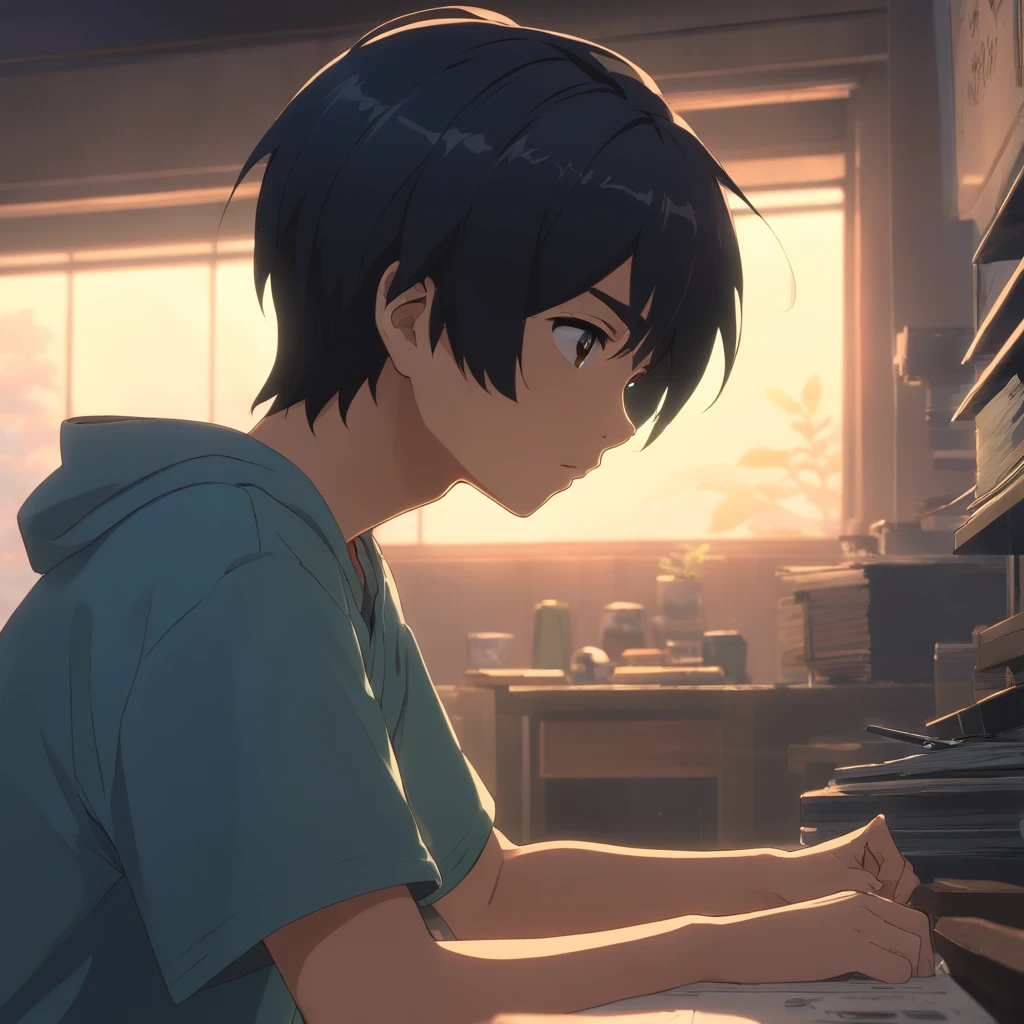 Masterpiece, Best quality, cinematic Film still from, 1 adolescent male, frontage, Black hair, room interior,The background of the details, Bright, Dark and eerie environment,A ray of light