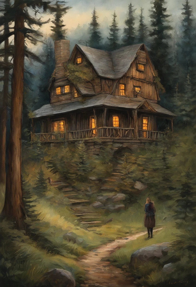 In the foreground is a young woman, Tall girl, stands with his back, Long black hair falls on his back, Over the girl's shoulder you can see how in a clearing of a dense coniferous forest, On a dark night, stands old, Little, wood house, on two low wooden poles. The pillars on which the house stands, braided with leaves and poorly visible. The house is very small from the outside, made of wood and does not look much sinister.