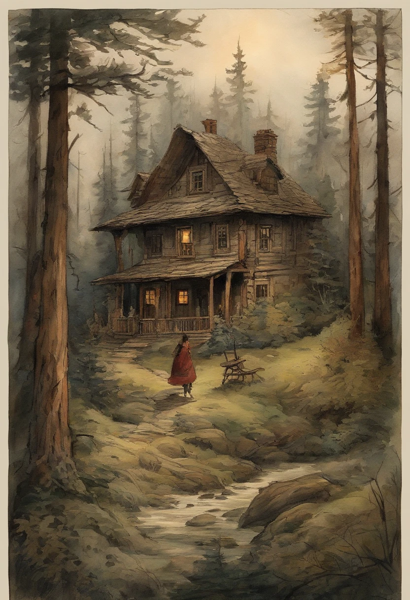 In the foreground is a young woman, Tall girl, stands with his back, Long black hair falls on his back, Over the girl's shoulder you can see how in a clearing of a dense coniferous forest, On a dark night, stands old, Little, wood house, on two low wooden poles. The pillars on which the house stands, braided with leaves and poorly visible. The house is very small from the outside, made of wood and does not look much sinister.