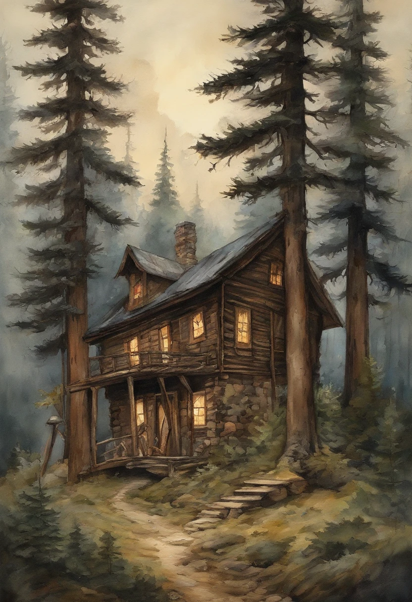 In the foreground is a young woman, Tall girl, stands with his back, Long black hair falls on his back, Over the girl's shoulder you can see how in a clearing of a dense coniferous forest, On a dark night, stands old, Little, wood house, on two low wooden poles. The pillars on which the house stands, braided with leaves and poorly visible. The house is very small from the outside, made of wood and does not look much sinister.