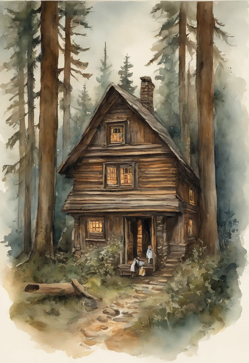 In the foreground is a young woman, Tall girl, stands with his back, Long black hair falls on his back, Over the girl's shoulder you can see how in a clearing of a dense coniferous forest, On a dark night, stands old, Little, wood house, on two low wooden poles. The pillars on which the house stands, braided with leaves and poorly visible. The house is very small from the outside, made of wood and does not look much sinister.