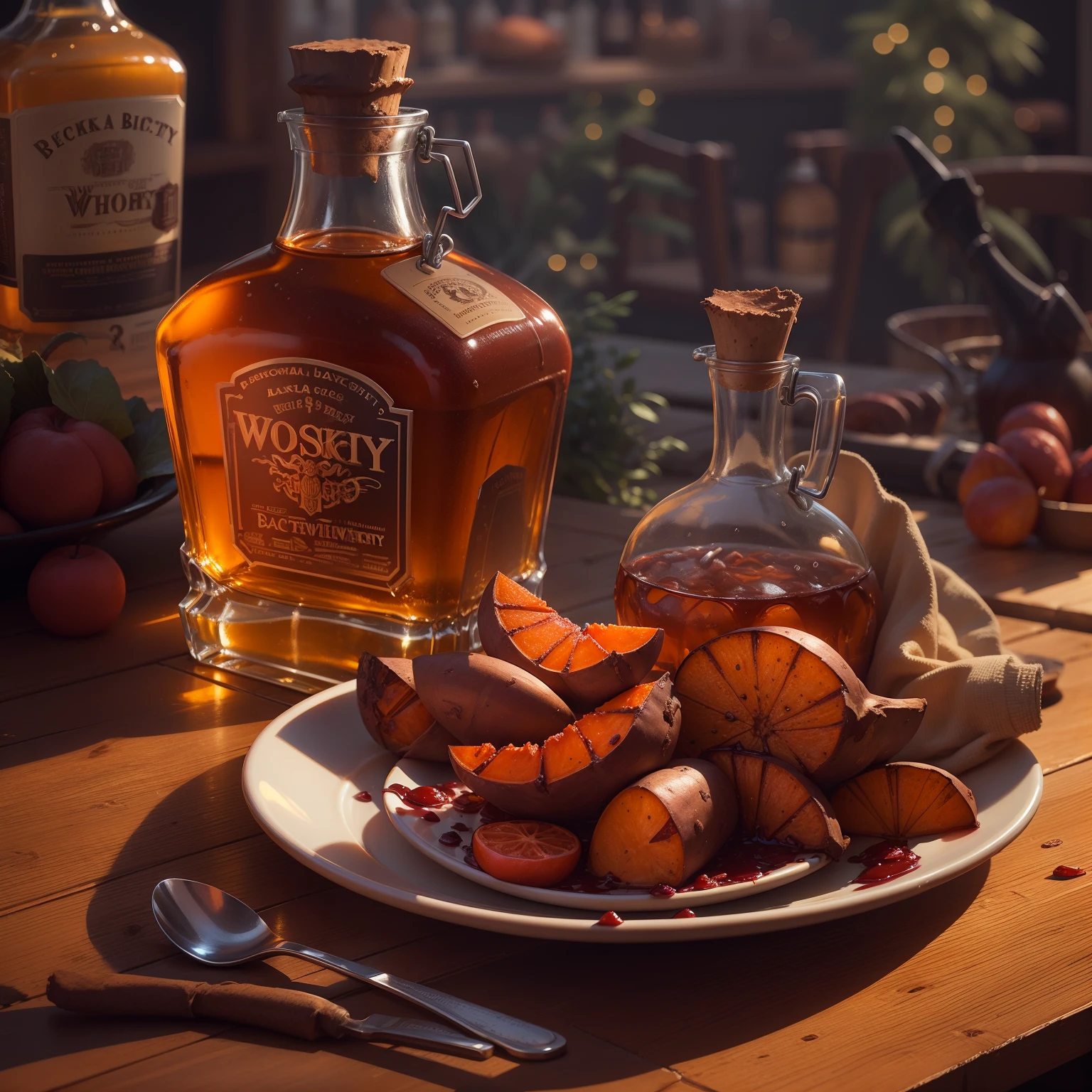 Mechanical liquor beauty，A bottle of whiskey and a plate of baked sweet potatoes