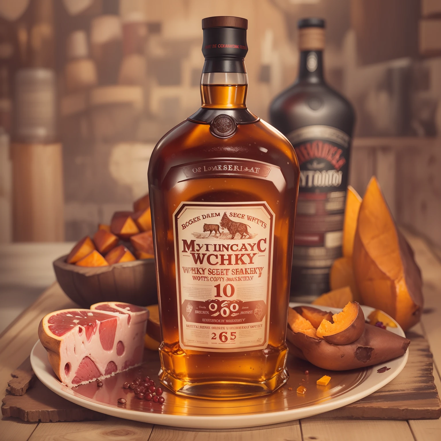 Mechanical liquor beauty,A bottle of whiskey and a plate of baked sweet potatoes