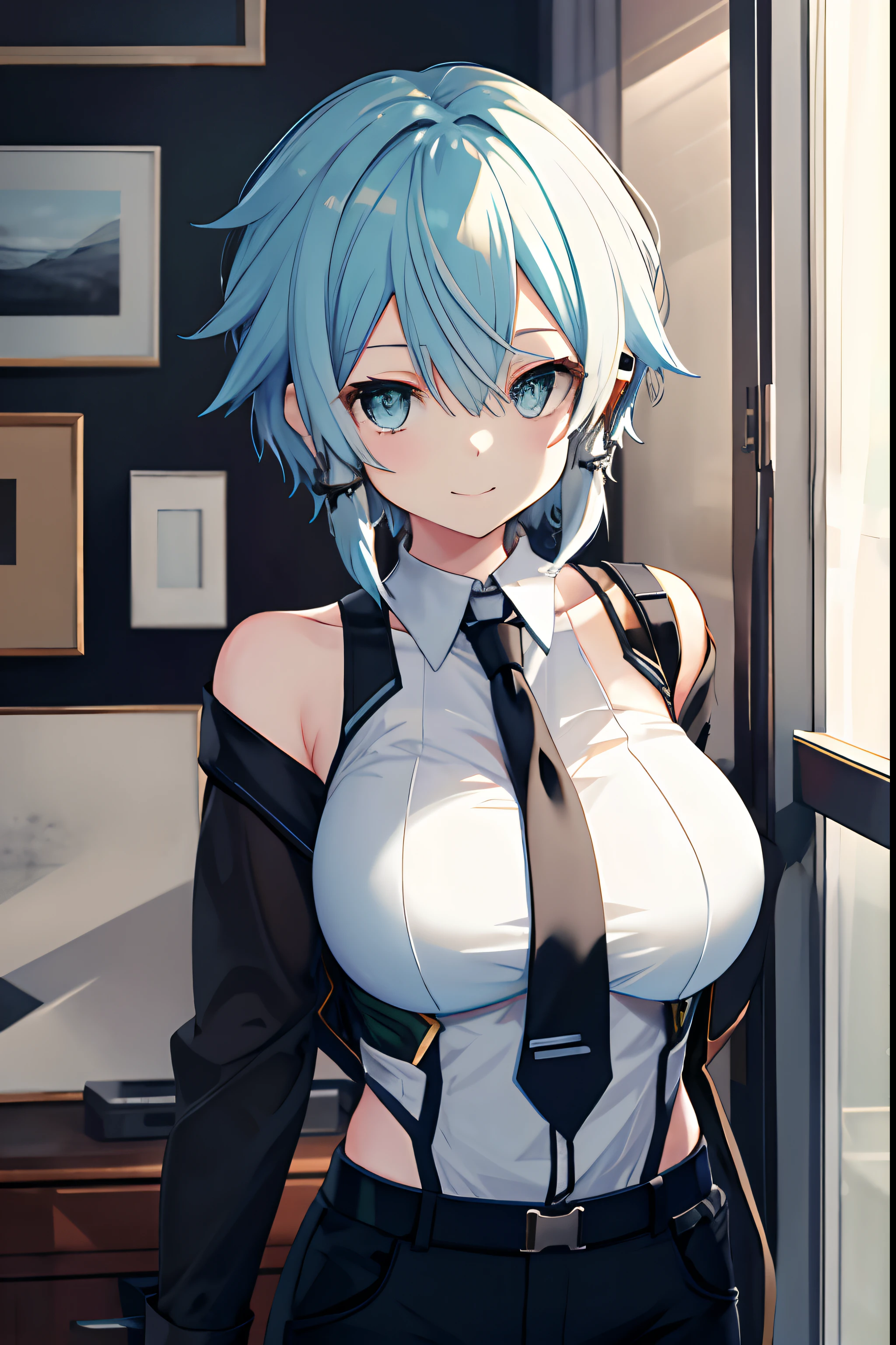sinon1,1girll,(Masterpiece, Best quality:1.1), Ultra-detailed, illustration,
1girll, straight-on, Upper body, Solo, Short hair, Smile, rem with huge breasts, Best quality at best, Perfect litthing, black necktie, trouser, collared shir, hair between eye, Black pantsuit, (cropped shoulders:1.3), (partly_Unbuttoned:1.2), white shirt