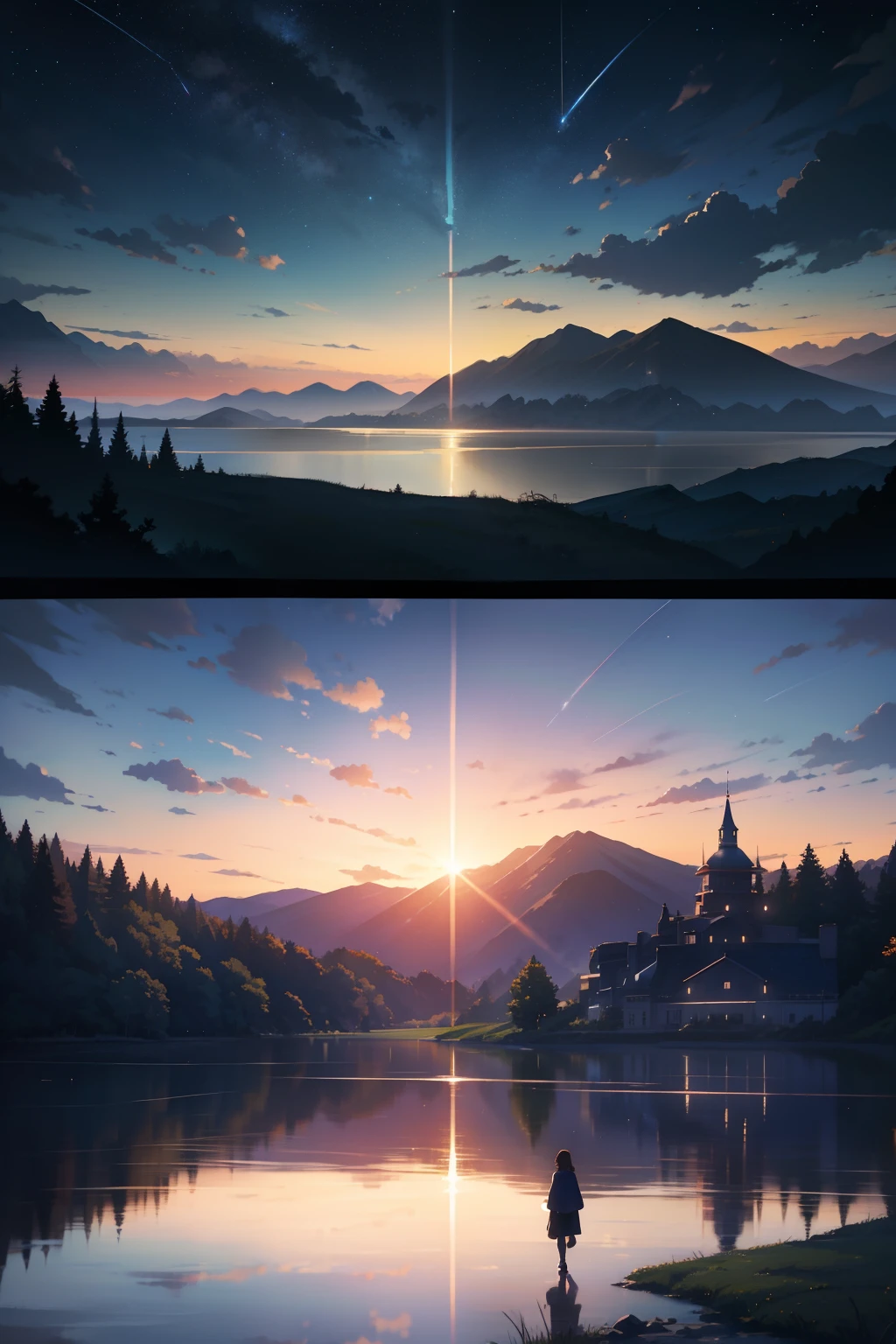 High quality masterpiece, landscape, anime train passing through bodies of water on tracks, bright starry sky. Romantic train, pixiv, concept art, lofi art style, reflection. by Makoto Shinkai, lofi art, Beautiful anime scene, Anime landscape, detailed scenery —width 672, in style of Makoto shinkai, style of Makoto shinkai, enhanced details.