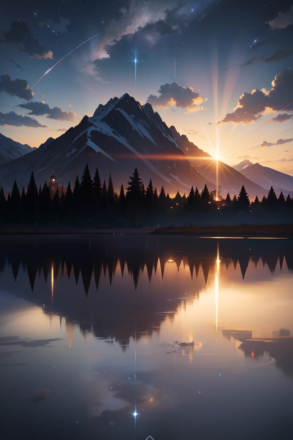 High quality masterpiece, landscape, anime train passing through bodies of water on tracks, bright starry sky. Romantic train, pixiv, concept art, lofi art style, reflection. by Makoto Shinkai, lofi art, Beautiful anime scene, Anime landscape, detailed scenery —width 672, in style of Makoto shinkai, style of Makoto shinkai, enhanced details.