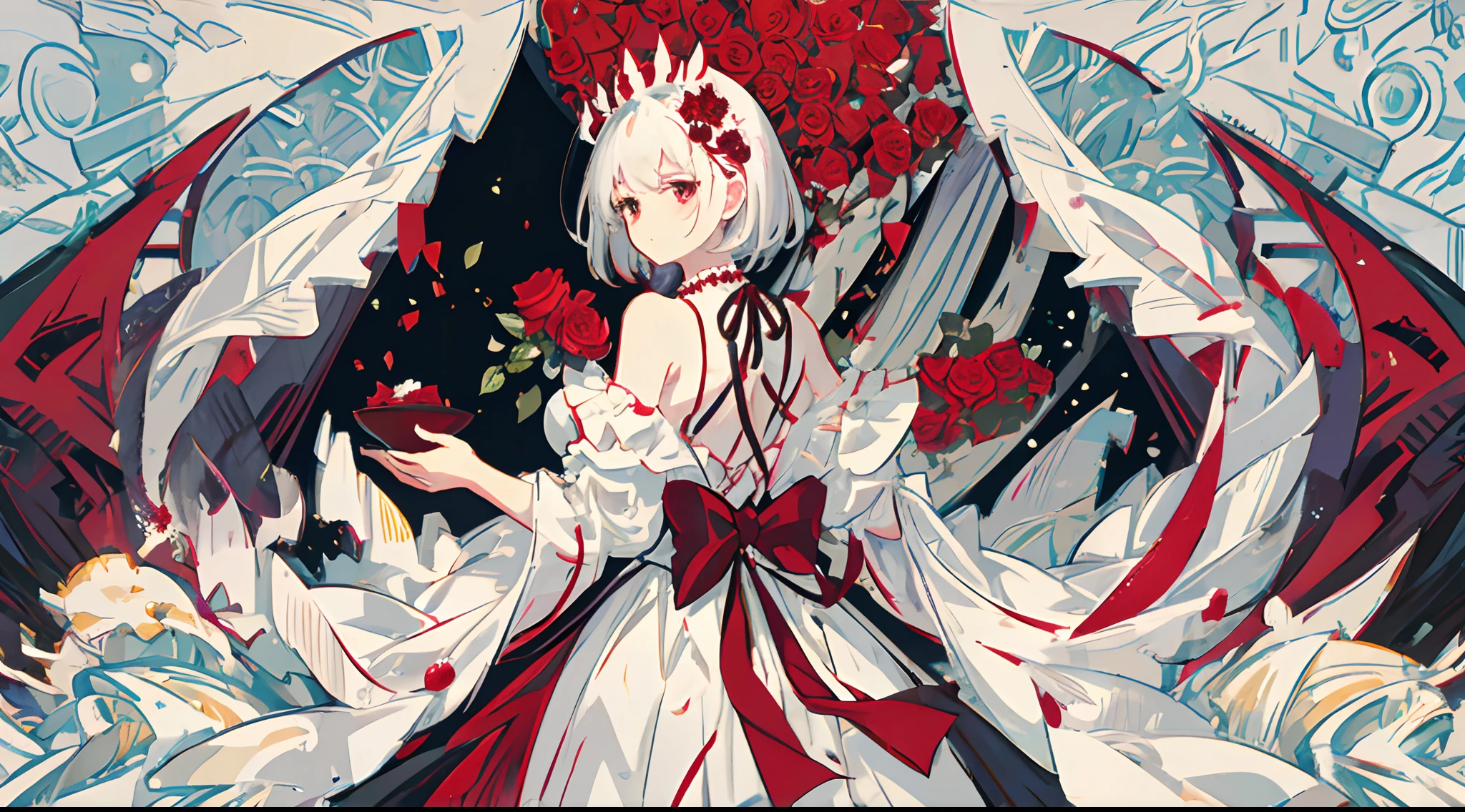 ((A perfect masterpiece)),((((best qualtiy))),(CharacterDesignSheet,Same character,frontage,Lateral face,on back),adult man,with short white hair,red color eyes,Red roses and pearls as accessories,详细的脸,detailed hairs,detailed outfits,Delicate picture,Gorgeous and exquisite picture(simple backgound,Transparent background:2.3)