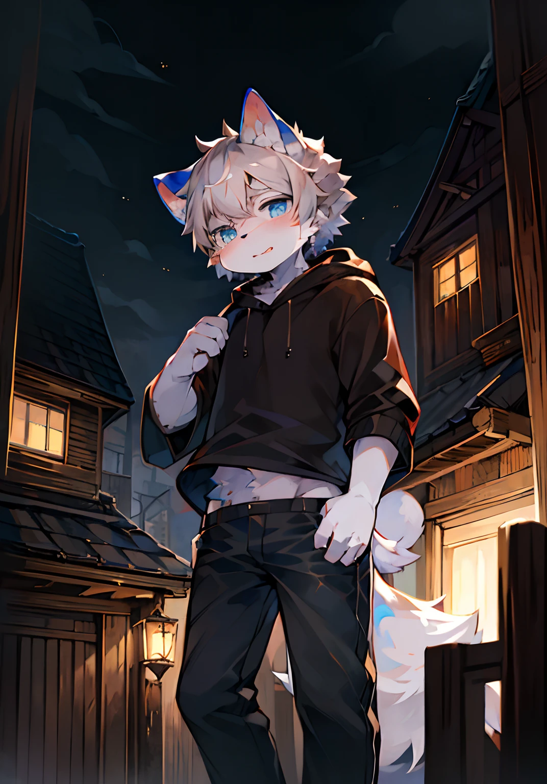(ambiente dark:0.8),Masterpiece,High quality,abstract res,Digital painting\(artwork of a\), by Dagasi, Yupa,Kiyosan,(anthro,Fluffy fur,Character focus:1.1),anthro male cat,Short hair,Portrait , eyes with brightness, in a panoramic view, Character focus.(detailedbackground:0.7), 独奏, shaggy, shaggy male, malefocus, anthr,(Full Body Furry, Fluffy tail, White fur, blue color eyes, Gray hair:1.2), (long canines、Vampires、Black sweatshirt、Black pants:1.2),(城市、the night、Roof、neonlight:1.1),4K,