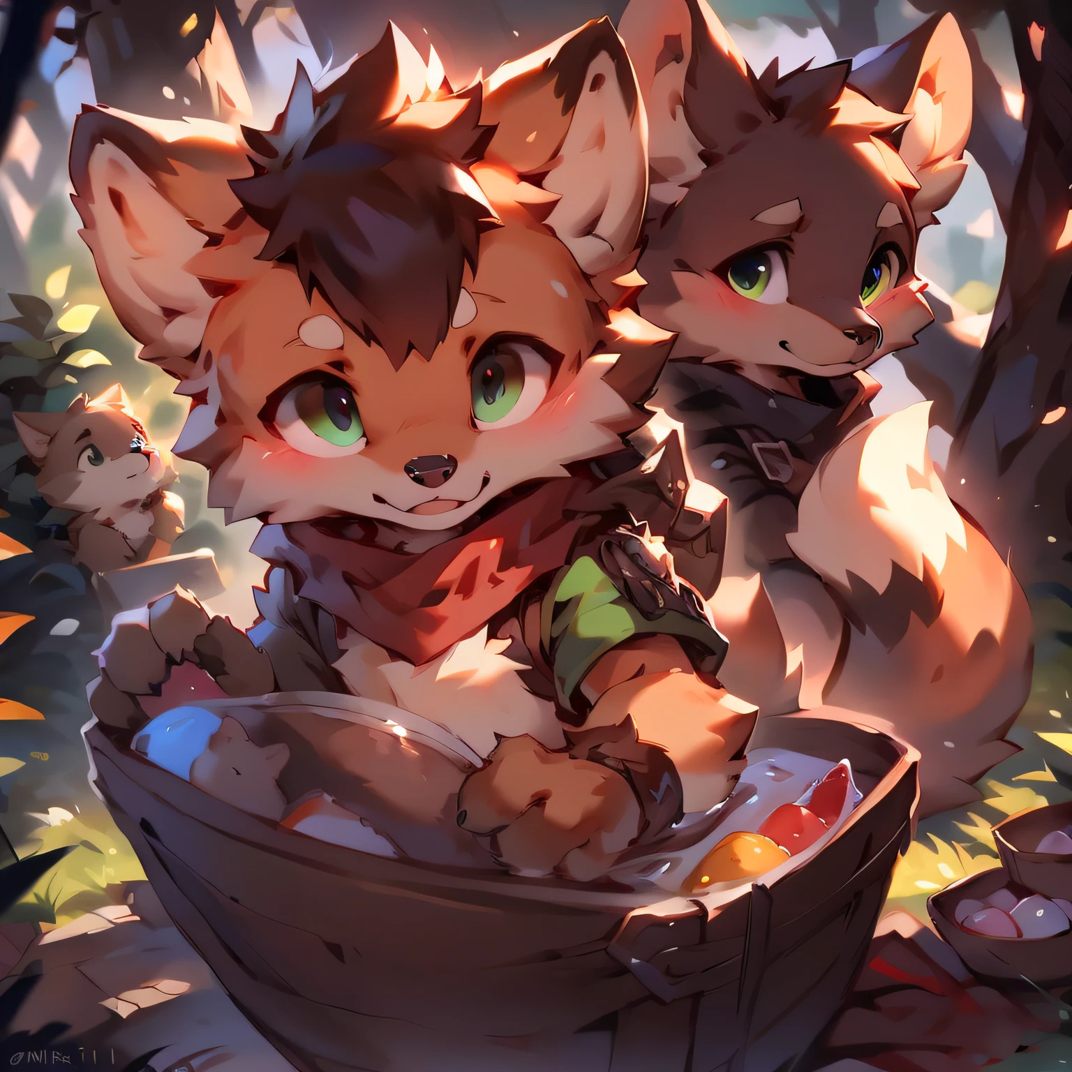 A curious male fox cub pokes its head out of a cozy fox den in the forest. He has orange fur, bushy tail, And cheer up the big fluffy ears. He wears the green adventurer's hat and scarf. His eyes were bright and surprised as he looked out of the study in the lush woods。, with a sunbeam coming through the trees. Small birds fly nearby,And in the distance there was a deer passing by. The fox cub was excited, Desire to express, Get ready to explore the outside world.
break
anthropology,Furry,feral,(Digital media \(artwork of a\):1.2),(hi,It's nothing,absurd res:1.2),Perfect anatomy,Anatomically correct,Detailed,Detailed face,Detailed eyes,(Realistic fur,Detailed fur:1.25),Detailed background,amazing background.
Break
(author:Puinki \(artist\):1.2),(author:Unreal Land,author:Sumi Kuroi,author:Milk Tiger 1145,author:Morkey,author:Emolga 1,Through the egg capsule:1.2),(author:Xia Huaiting:0.8),(by Pino Daeni:0.8),(by Hioshiru:0.8),(by Chunie:0.8).