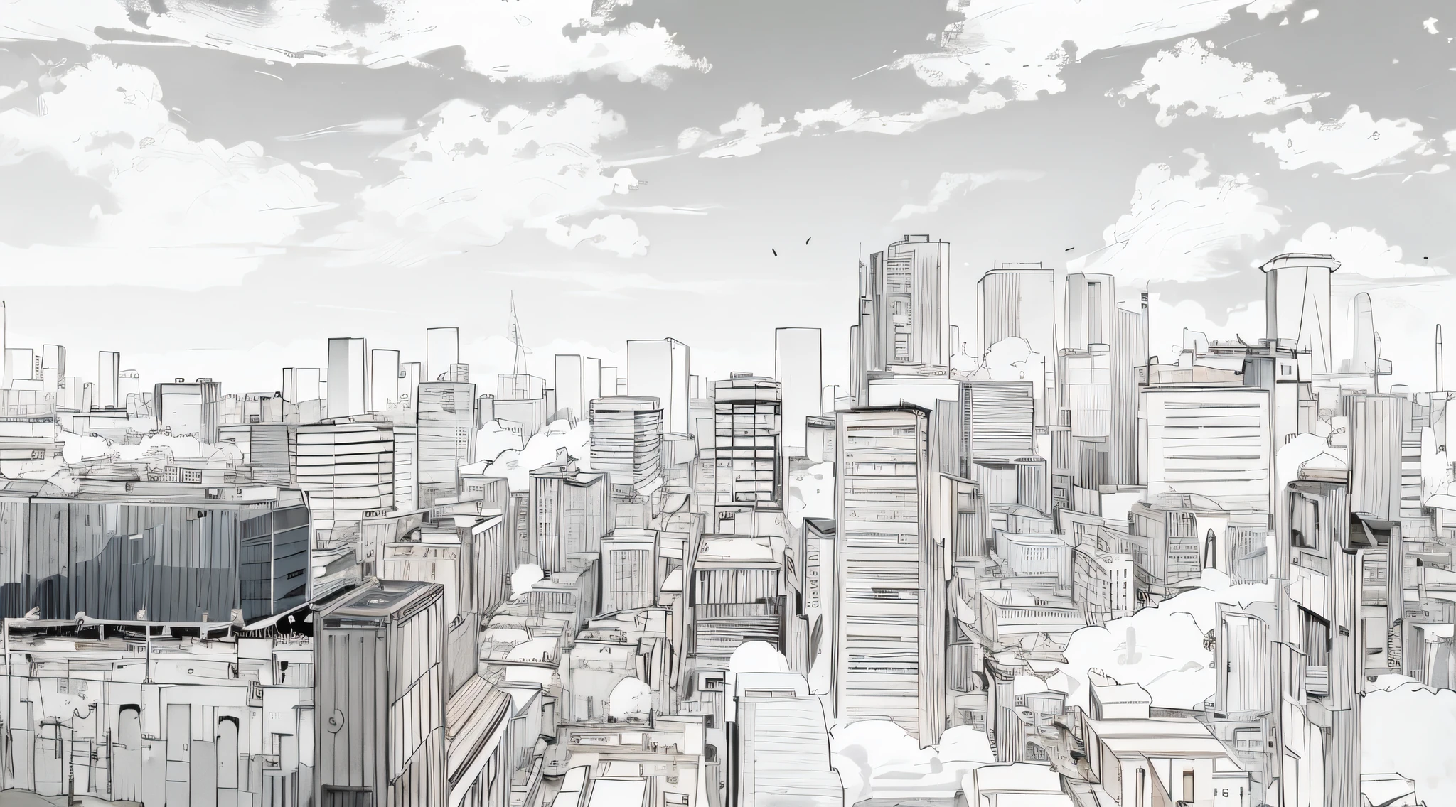 Drawing of a city with a lot of tall buildings and a sky background, Anime Cidade Lineart, Paisagem urbana do dia, Estilo anime cityscape, tectonic cityscape, Vista da cidade futurista, fundo detalhado da cidade, Paisagem da cidade, paisagem urbana de fundo, paisagem urbana arruinada ao ar livre, Cidade em segundo plano, paisagem urbana arruinada, hd anime cityscape, Highly detailed illustration, cidade em backround, Fundo sombrio da paisagem urbana