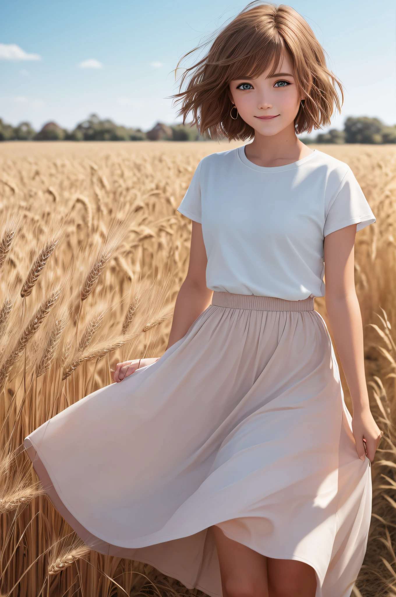 young australian girl walking through a wheat field, {{{wide angle shot:1.2}}}, {{{full body shot:1.2}}}, {best quality}, {{masterpiece}}, {highres}, extremely detailed girl, teenager, australian, {{{pale skin}}}, {{{detailed face}}}, {anime}, {{perfect anatomy}}, sharp focus, {{{character{1 girl}}}}, solo, {{{plain white short sleeve-tshirt, long pink soft maxi skirt}}}, dark blue eyes, {{{{{sharp focus}}}}}, {short hair, long pixie hairstyle, light-brown hair}, {{{detailed cloth texture}}}, {{{detailed skin texture}}}, {{{smooth lighting}}}, {{{australian themed background}}}, light smile, wind blowing, hair flowing in wind, dress flowing in wind, wheat field, house in far background, sun shining,