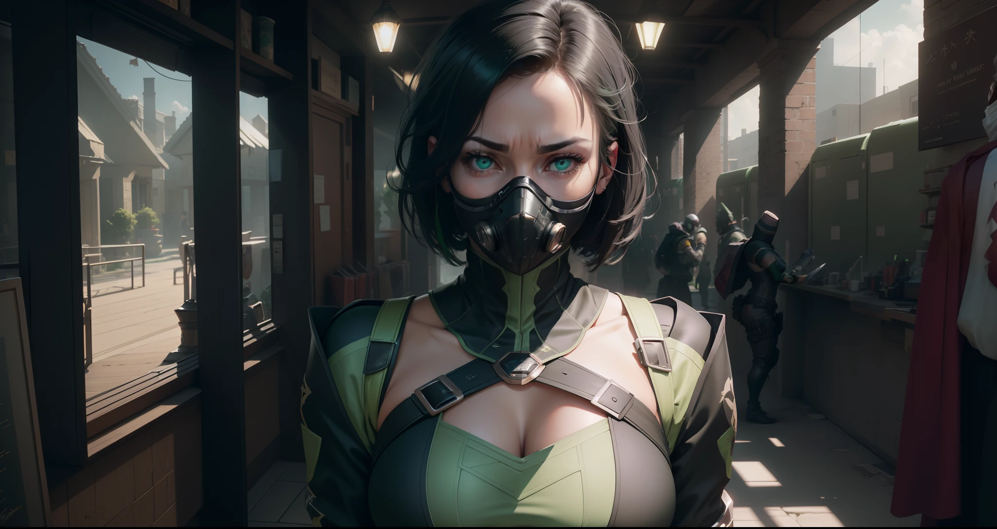 insane details, beautifully color-graded, Unreal engine, Depth of field, extra high resolution, megapixel, Cinematic Lightning, Smoothing, insanely detailed and intricate , Hyper maximalist, hyper realistic, volumetric, Photorealistic, ultra photorealistic, ultra- detailed, intricate details, 8K, Super detailed , Full color, voluminous lighting, HDR, Realistic, Unreal engine, 16k, sharp-focus, Octane Render, RTX. Incredibly detailed faces, Incredible fingers, Unbelievable eyes, Incredible hair, Incredible hands ((( Free postures, sexuality ))) (( brightly, brightly:1,3 , color corrected )) (( Good, ssmile )) ((( Rotated to the right ))) (( big breastes)) (( in clothes )), tmasterpiece, ( venom, Green, tmasterpiece ) (( Respirator face mask )) (( green eye color )), on the background map from Valorant, Against the backdrop of militants, Bright day in the background, Against the background of chemists