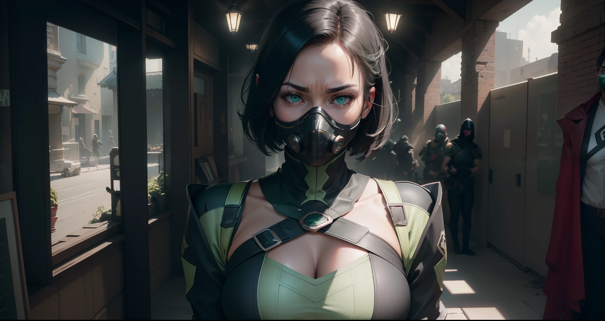 insane details, beautifully color-graded, Unreal engine, Depth of field, extra high resolution, megapixel, Cinematic Lightning, Smoothing, insanely detailed and intricate , Hyper maximalist, hyper realistic, volumetric, Photorealistic, ultra photorealistic, ultra- detailed, intricate details, 8K, Super detailed , Full color, voluminous lighting, HDR, Realistic, Unreal engine, 16k, sharp-focus, Octane Render, RTX. Incredibly detailed faces, Incredible fingers, Unbelievable eyes, Incredible hair, Incredible hands ((( Free postures, sexuality ))) (( brightly, brightly:1,3 , color corrected )) (( Good, ssmile )) ((( Rotated to the right ))) (( big breastes)) (( in clothes )), tmasterpiece, ( venom, Green, tmasterpiece ) (( Respirator face mask )) (( green eye color )), on the background map from Valorant, Against the backdrop of militants, Bright day in the background, Against the background of chemists