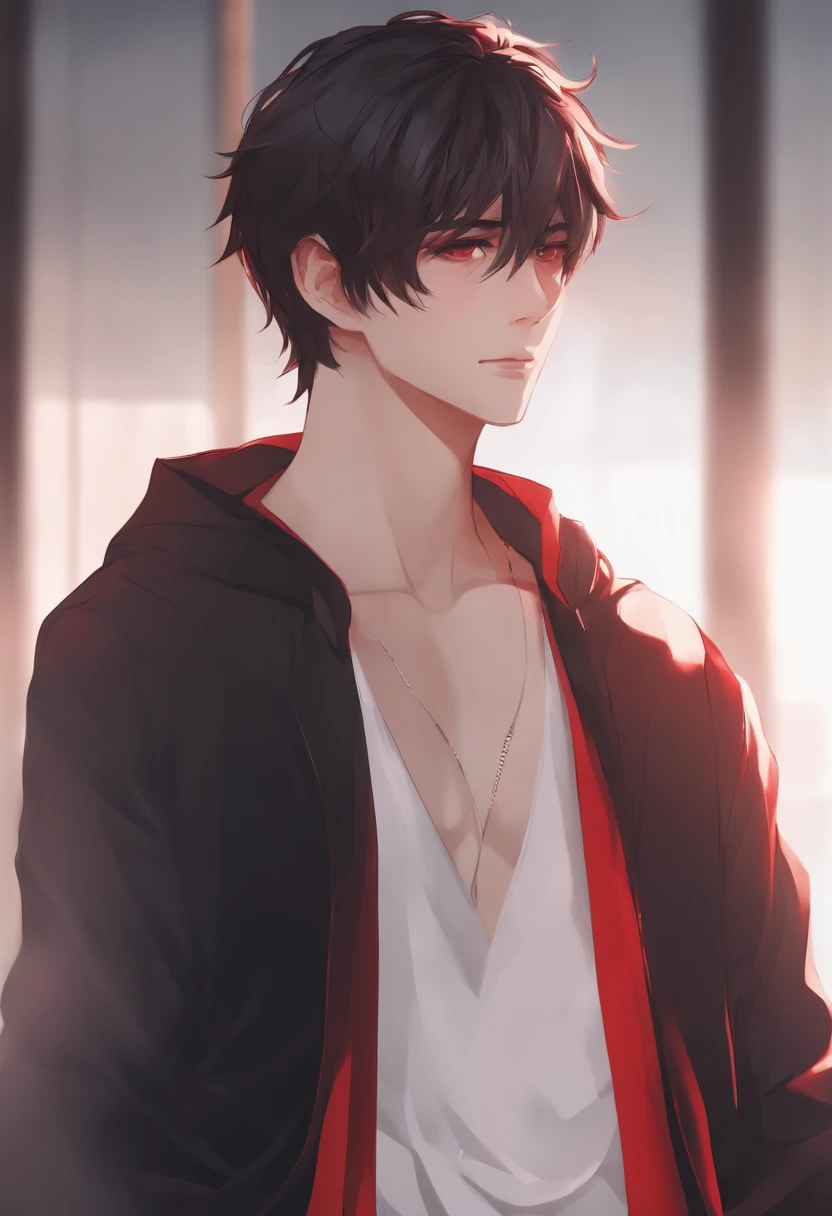 anime guy with red (gradient white), 6'2 ft, white skin, (face-shoulder) portrait