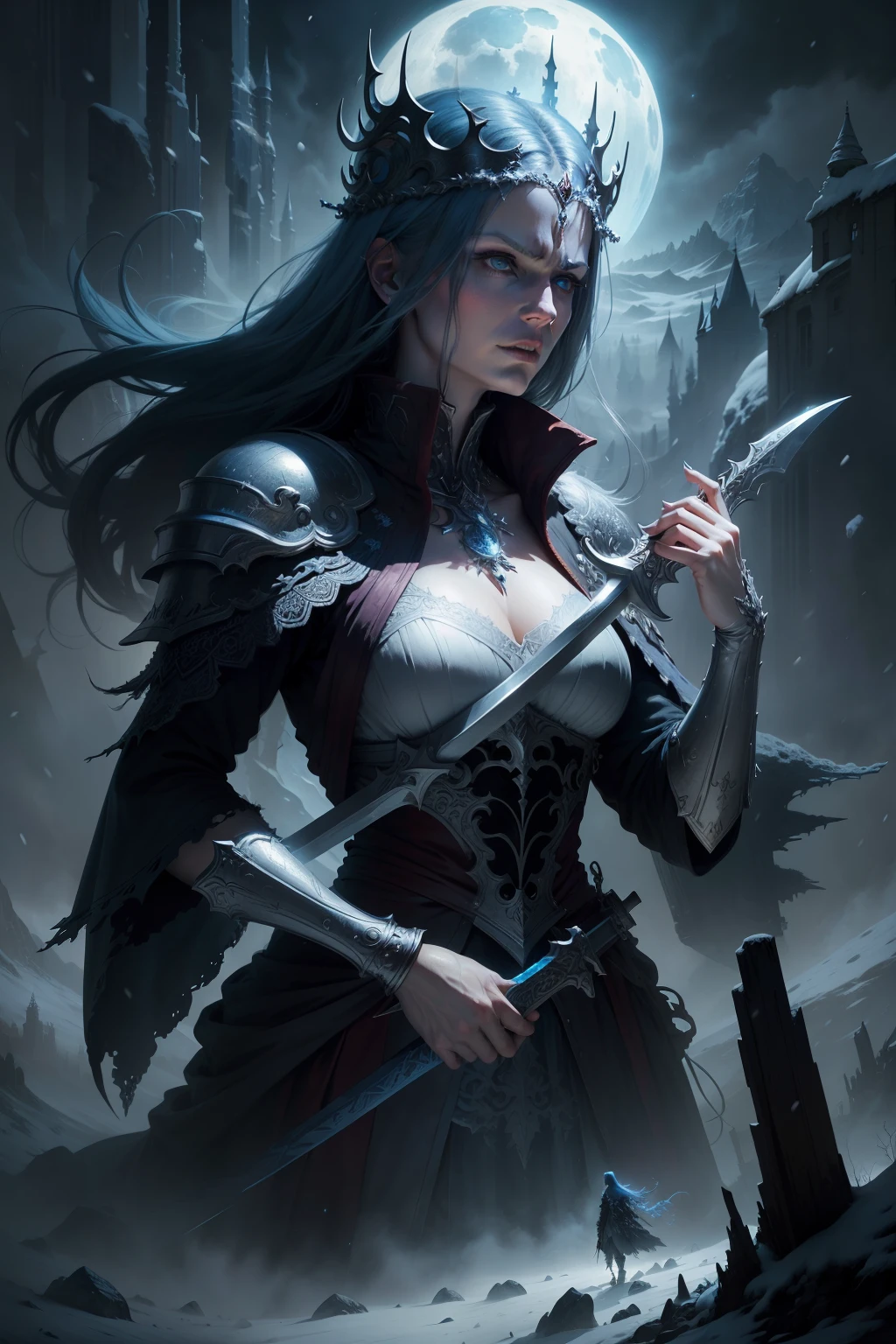 An angry snow-queen, brandishing a frozen sword, snarling, background is eerie night sky, snowing, mood is repressed, fatalistic, nebulous, oblivious, digital art, hyper realistic, 8k, unreal engine, character design, art by Peter Paul Rubens, Anne Stokes, Blaz Porenta, Zdzislaw Beksinski, Marc Simonetti, Gerald Brom.