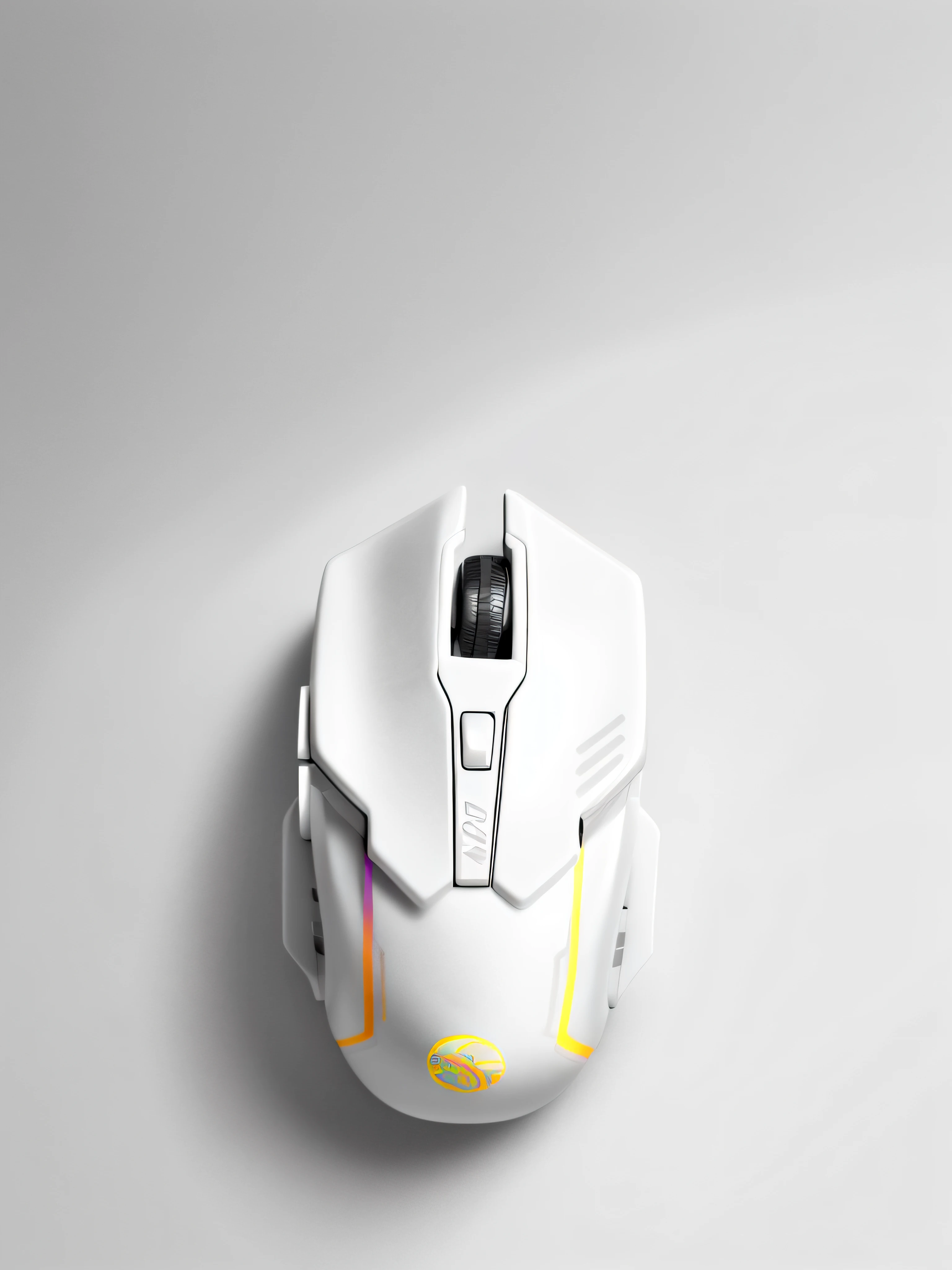A white mouse rests on a white porcelain table in a computer room. The frame is clear (sharpness: 0.7) and displays a colorful explosion of psychedelic paints (colors: 1.21), with incredible detail. On top of the table, accessories include a high-resolution computer screen and a mechanical keyboard with backlit keys. The lighting is dramatic, highlighting the white mouse with fine, elegant details. The mouse has a minimalist, ergonomic design with soft-touch buttons. It looks ready to be used accurately for computing tasks.
