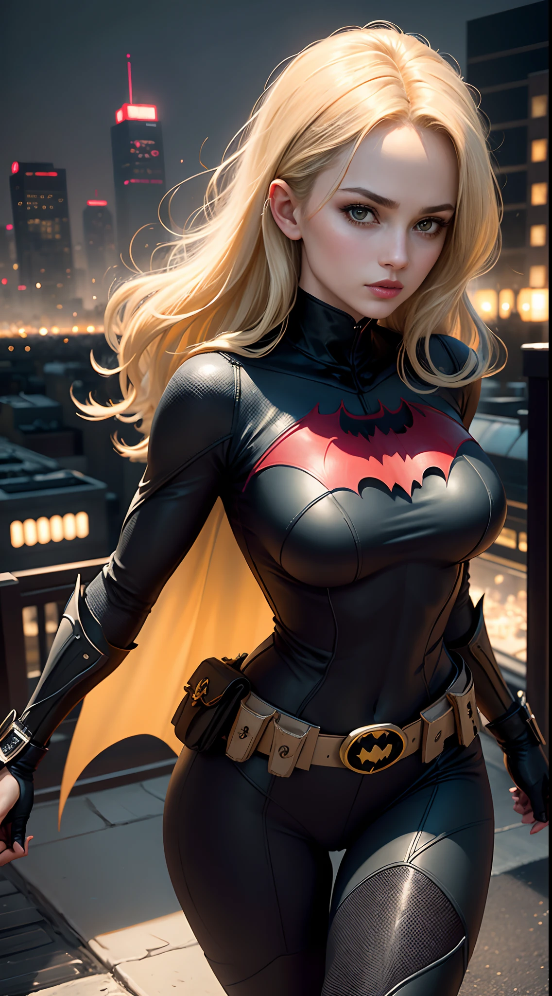 (masterpiece:1.4), (best qualit:1.4), (high resolution:1.4), elsa of arendelle, long hair, batwoman, batgirl, batman suit, dark city background, blue and black suit, blue bat symbols, full black batman costume, winter