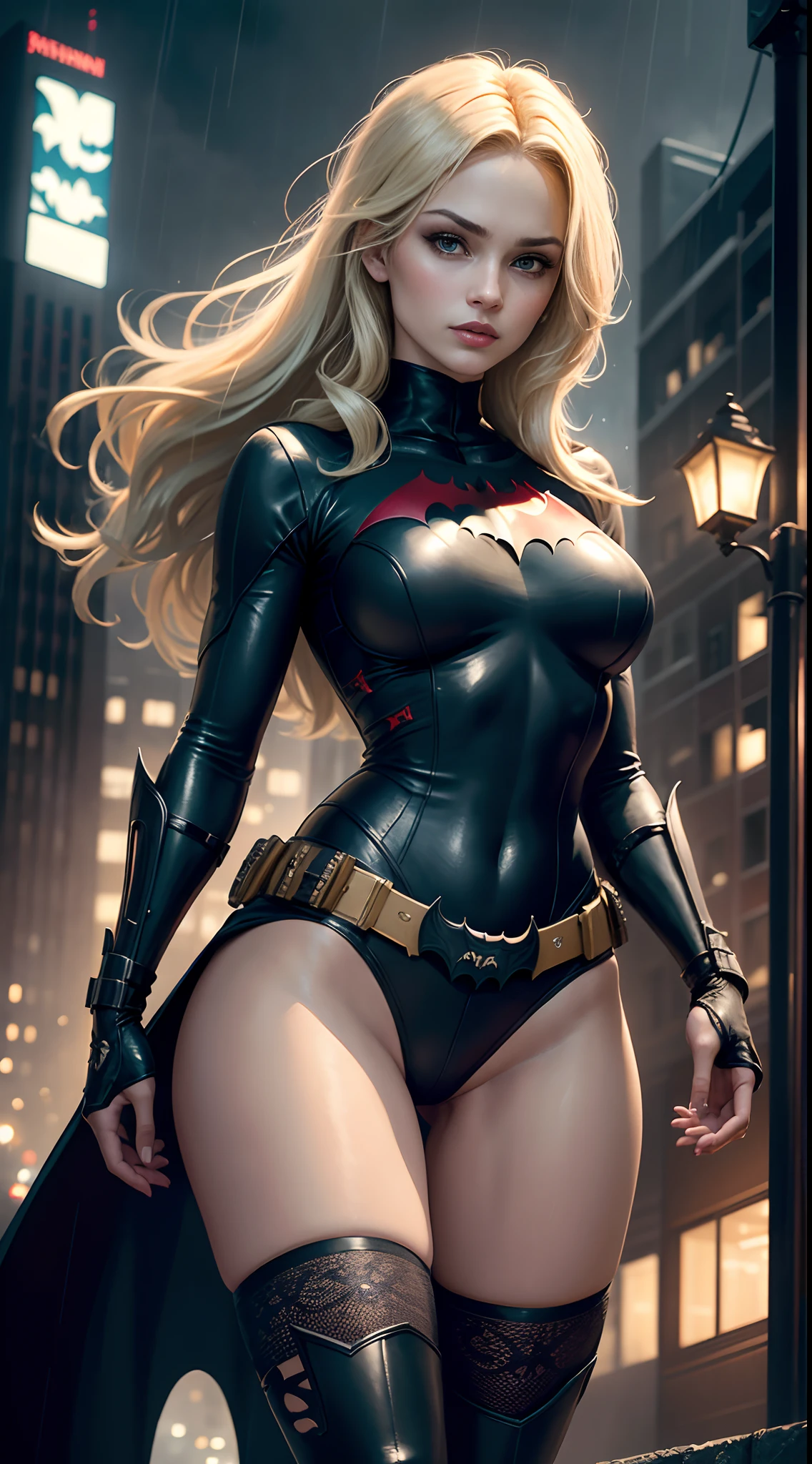 1girl, Full body, style of the Batwoman costume, medium breasts, Yellow Batman Logo on Chest and the belt, masterpiece, best quality, detailed skin texture, detailed cloth texture, beautiful detailed face, intricate details, ultra detailed, straight Blonde hair, dynamic pose, (Night Gotham city street Background), rainy, rain, (Best quality, A high resolution, Photorealistic, primitive, 8K,Masterpiece, ),Best quality, Masterpiec8K.hdr. High ribs:1.2, filmgrain, Blur bokeh:1.2, Lens flare, (vivd colour:1.2), (Delicate),