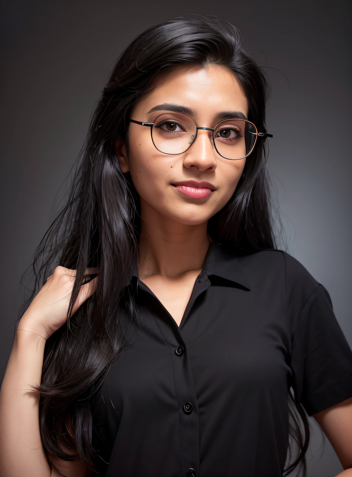 arafed woman with glasses and a black shirt posing for a picture, nivanh chanthara, headshot photo, student, photo of young woman, mid portrait, portrait n - 9, headshot profile picture, mid shot portrait, front portrait, taken in the early 2020s, jayison devadas, faridah malik, profile shot