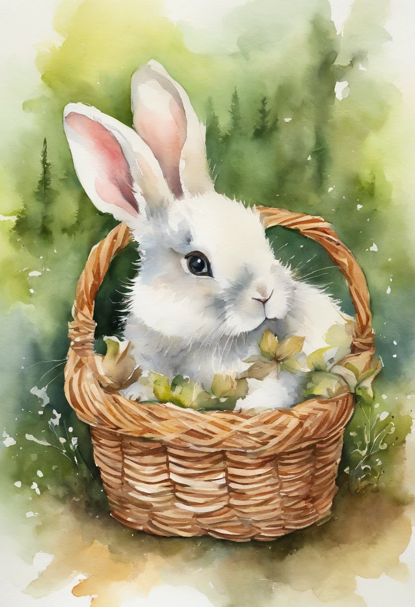 Image of a picture book、Cute Bunny、forested background、Have a small basket、