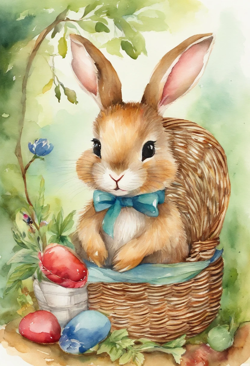 Image of a picture book、Cute Bunny、forested background、Have a small basket、