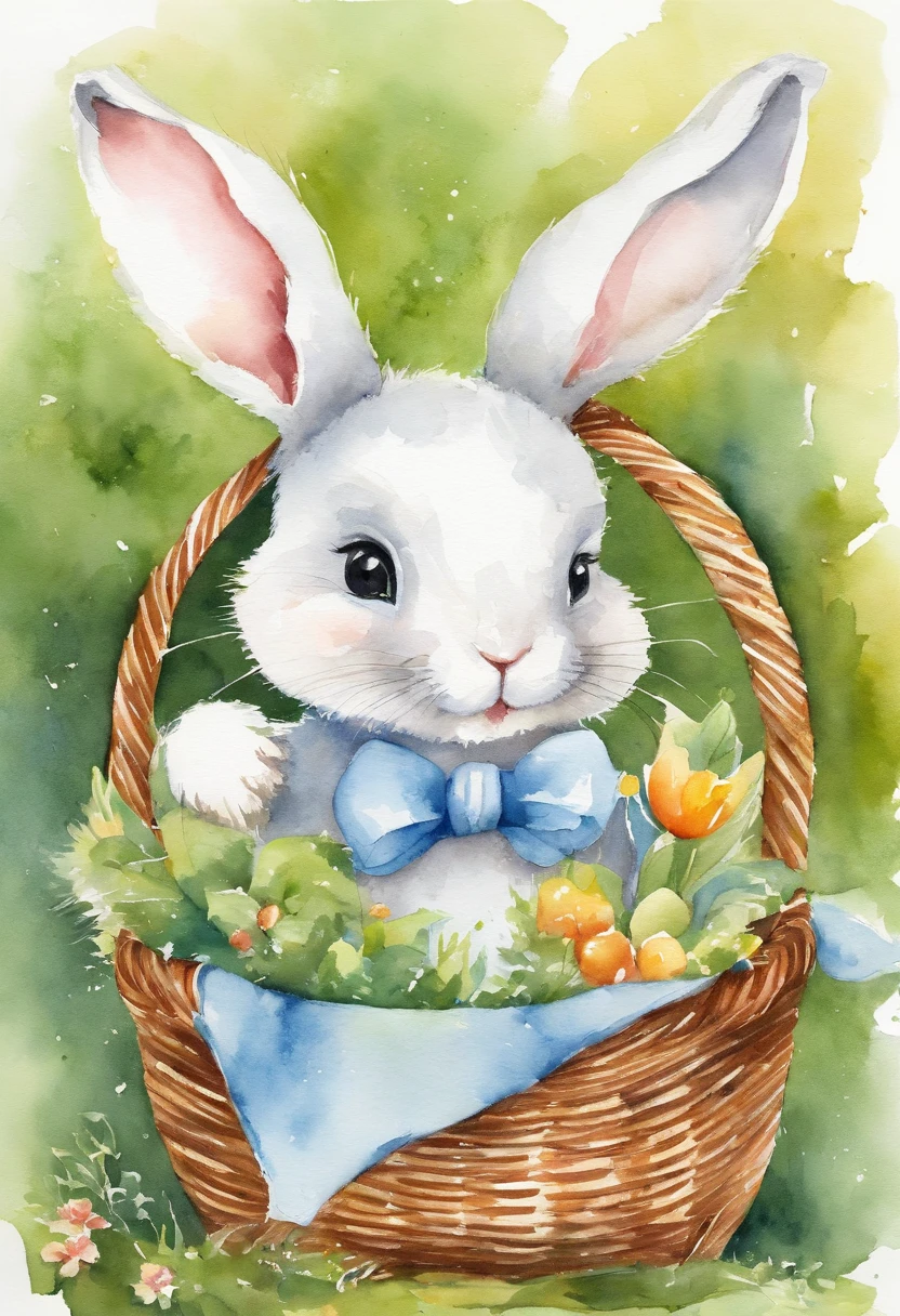 Image of a picture book、Cute Bunny、forested background、Have a small basket、