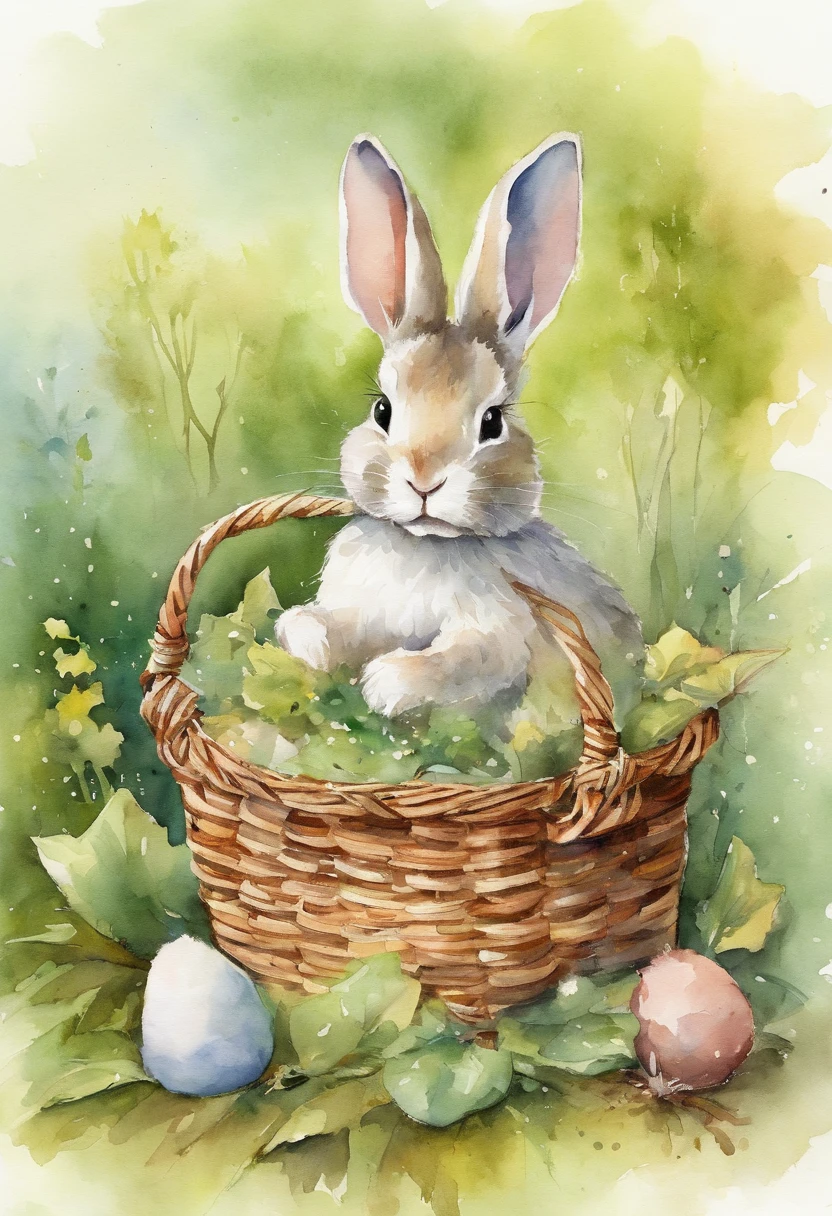 Image of a picture book、Cute Bunny、forested background、Have a small basket、