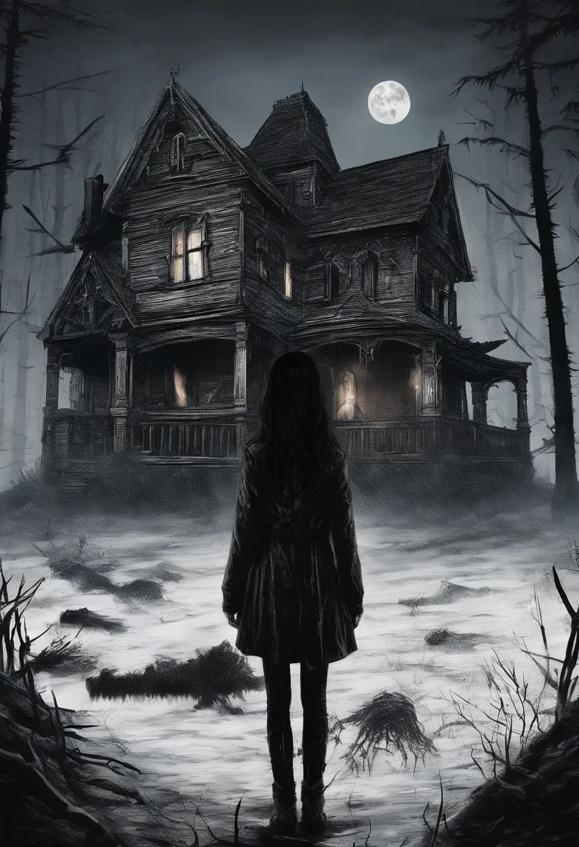 It's dark night, dense coniferous forest, (girl with black hair) (close - up), stands with his back, Over the shoulder you can see an old wooden house, in the clearing, The warm light of a candle falls from one window of the house, From the outside, the house is lit by cold (Moonlight). The girl looks at the house
