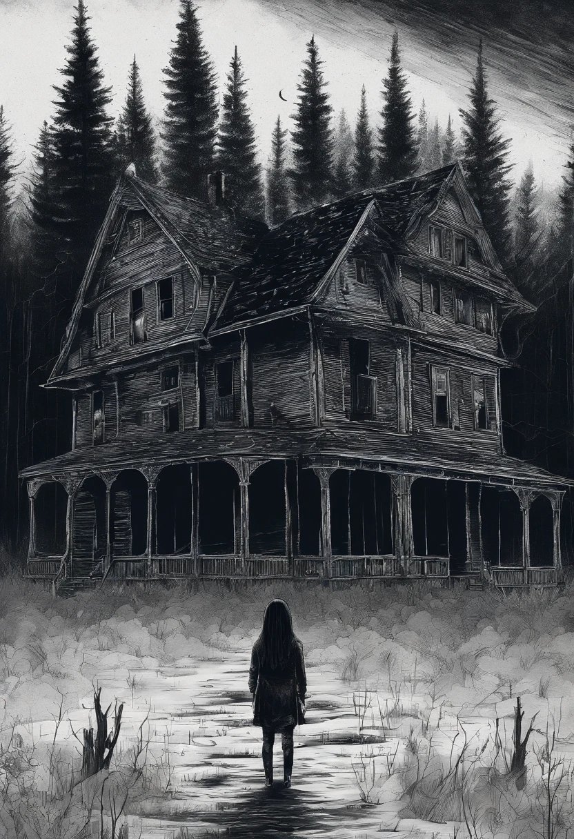 It's dark night, dense coniferous forest, (girl with black hair) (close - up), stands with his back, Over the shoulder you can see an old wooden house, in the clearing, The warm light of a candle falls from one window of the house, From the outside, the house is lit by cold (Moonlight). The girl looks at the house