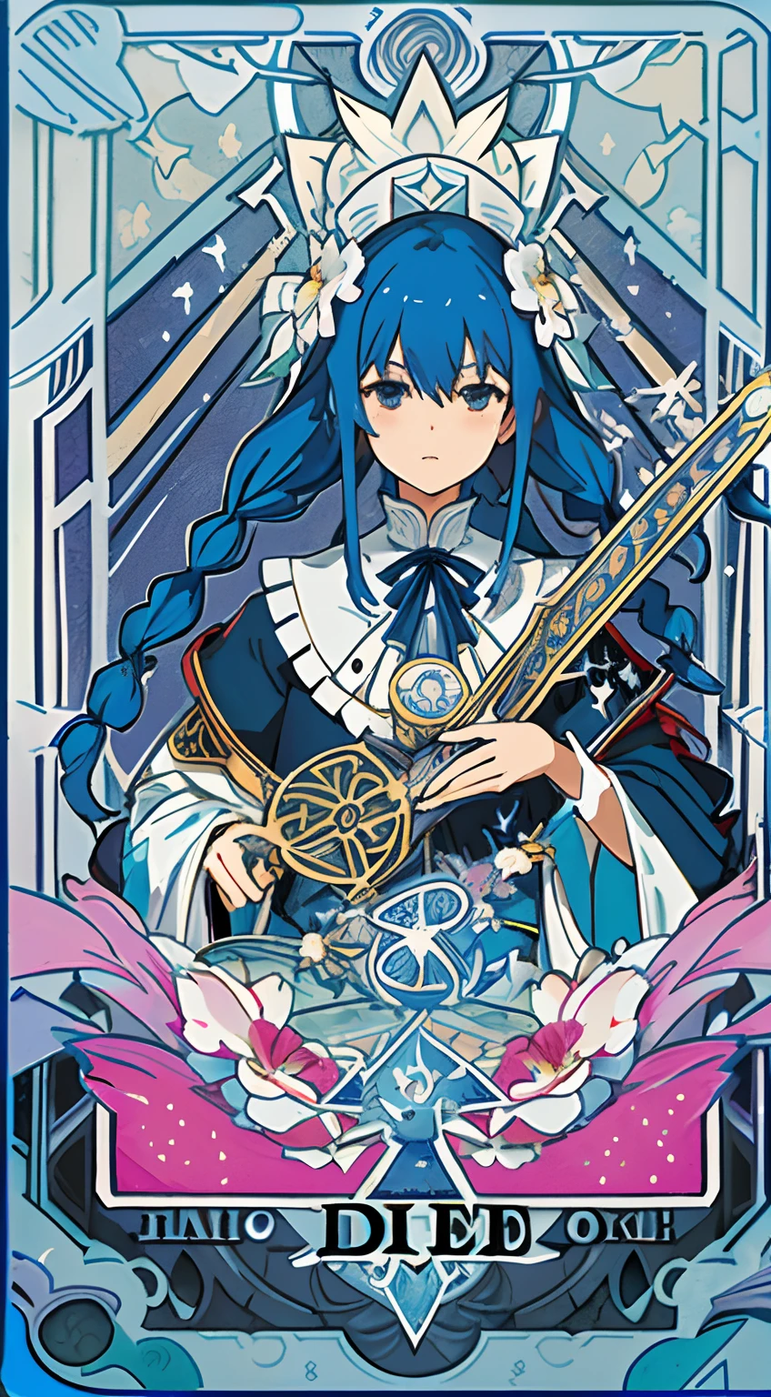 (Masterpiece, Top Quality, Best Quality, official arts, beautiful and aesthetic:1.2), (1girl:1.3), (s fractal art:1.3), card, tarot,Blue hair, twin braids, Hair Flower, (good lighting:1.1), ((hight resolution)), Tarot card style
