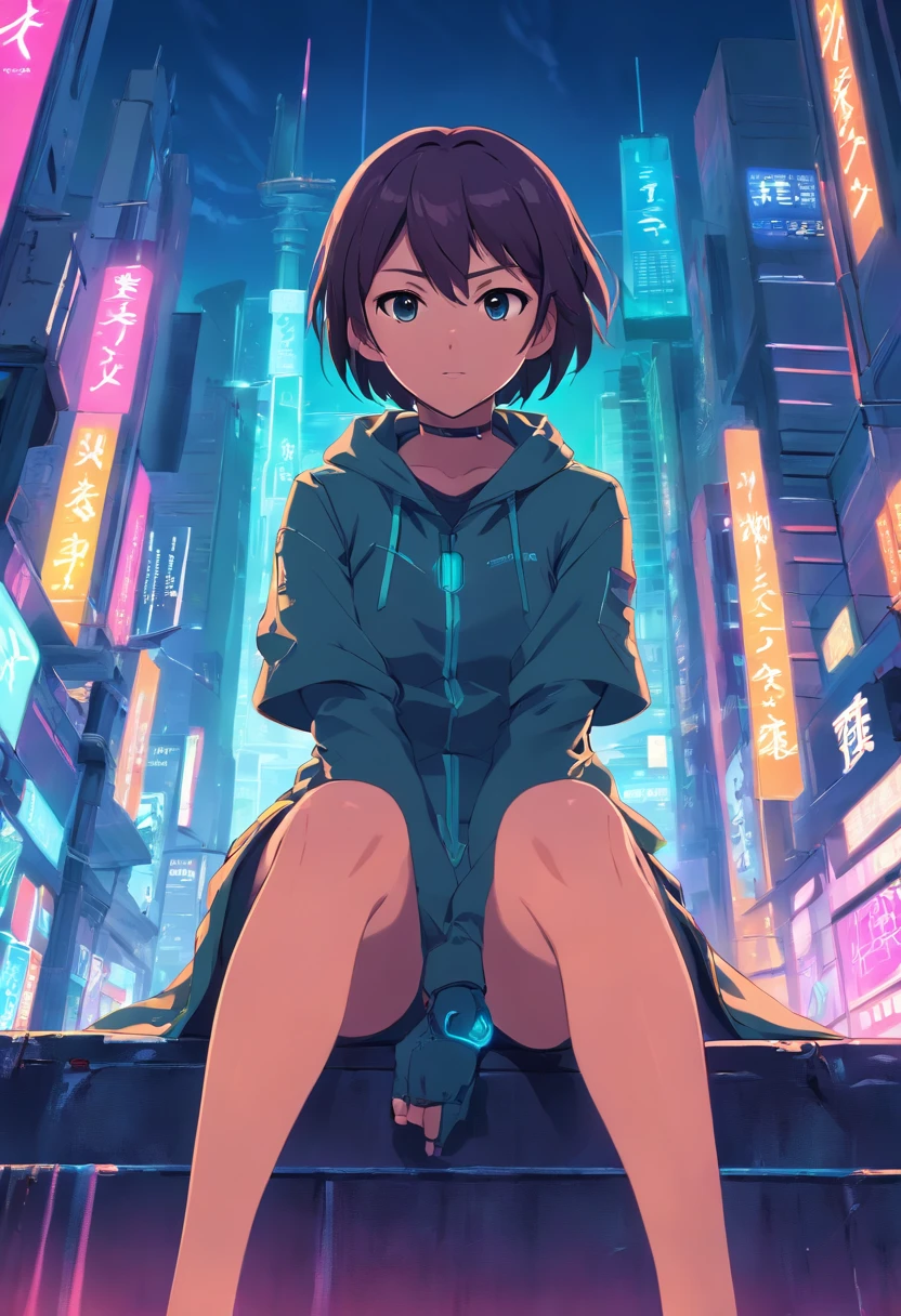 female Assassin sitting at the top of the sword in the neon underworld