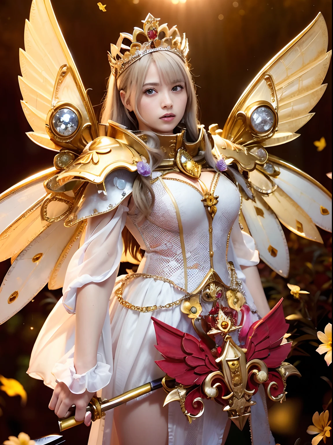 (masutepiece), Professional , ​masterpiece、top-quality、photos realistic , depth of fields （Gemstone Flower Metal Body:1.4),(Matte White、Jewel Gold Weapon、（Gorgeous castle background）、（ultimate beauty girl）、（Flower rainbow fairy wings grow）、（Jewel Flower Metal Body:1.4),Gorgeous Jewel Metal Weapons , Detailed Sword of the Brave ,（ a blond）   ,warhammer 40k ,(（Floral Micro Bikini）)、Particles of light、（Beautiful flower garden background）、 adepta sororitas,Detail and ornate jewel crown、2guys、Brown hair、（Gangle's forest background）、Beautiful Caucasian beauty、dynamic ungle,(((Diamond tiara with detail and luxury)))、a small face、Powerful poses、（Gorgeous castle background）、huge filesize、20 year old beautiful woman、Thin female fingers、Straight long hair、Beautiful Caucasian beauty、Valley、Fairy of Light、Particles of light、