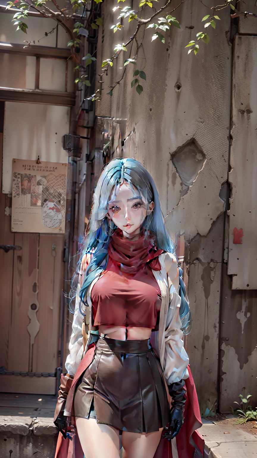 Blue hair , long hair , white skin , black eye brow , pink crop top , brown latter skirt , brown hand gloves , red scarf