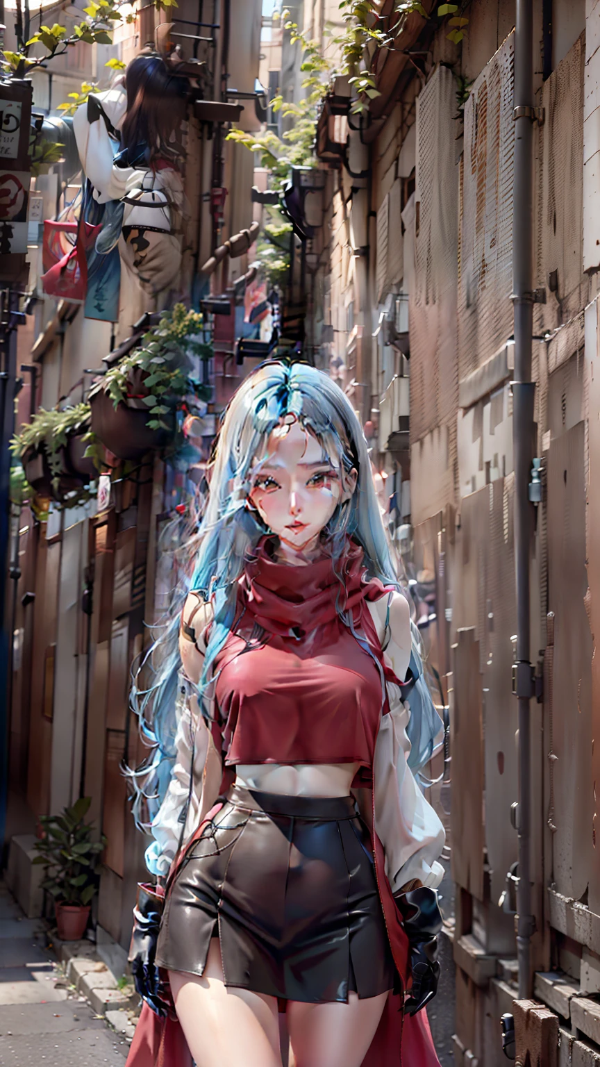 Blue hair , long hair , white skin , black eye brow , pink crop top , brown latter skirt , brown hand gloves , red scarf