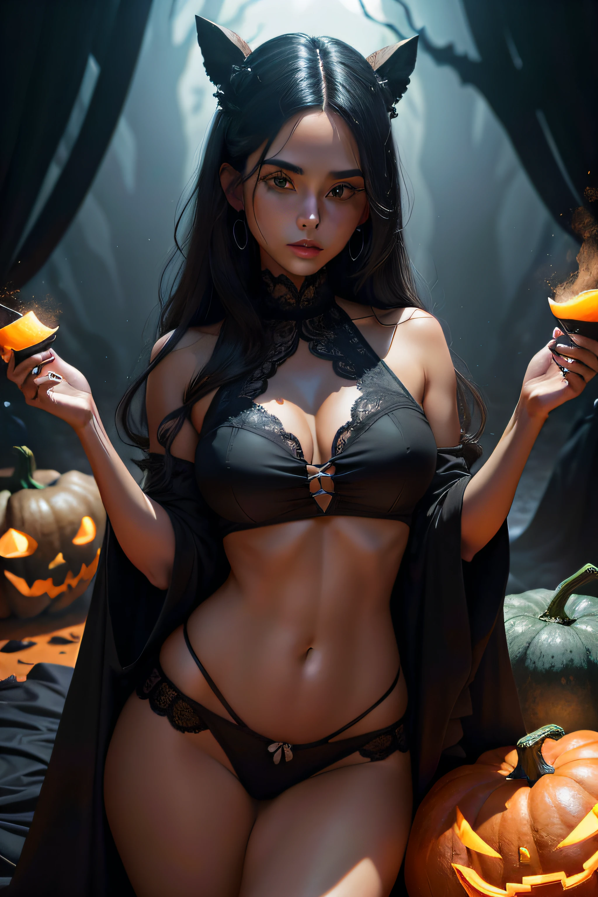 obra maestra, La mejor calidad, obra maestra, Burja sexy Bosque oscuro, negative energy, cabello negro, calabaza Jack halloween