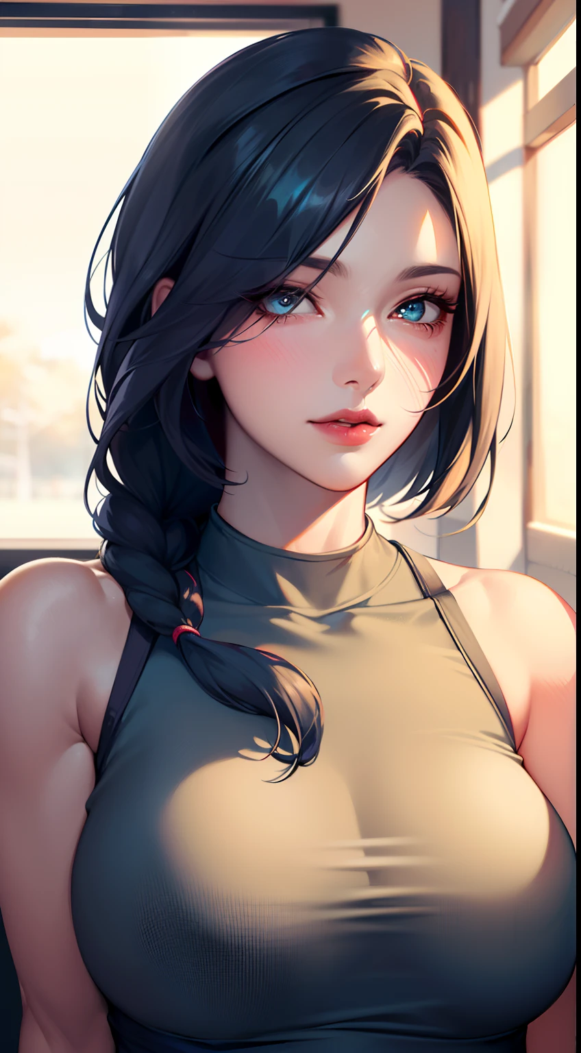 electrician girl, electrician suit, upper body, seductive look, blush, indoors, in office, looking at viewer, cloudy, moody lighting, (perfect detail eyes:1.2), glowing eyes, (long hair one braid:1.2), elemental skill effect, (Masterpiece, Best Quality, High Quality:1.4), professional artwork, Intricate Details, field of view, sharp focus, detailed painting, photorealistic lighting, trending on pixiv, (vivid lighting, vibrant colors:1.05), realistic shadows, ambient occlusion, (athletic body:1.3), mature woman, 30yo, shenhe, hyperdetail eyes, beautiful eyes, (((solo:1.4))), semi-realistic hair, hyperdetailed clothes