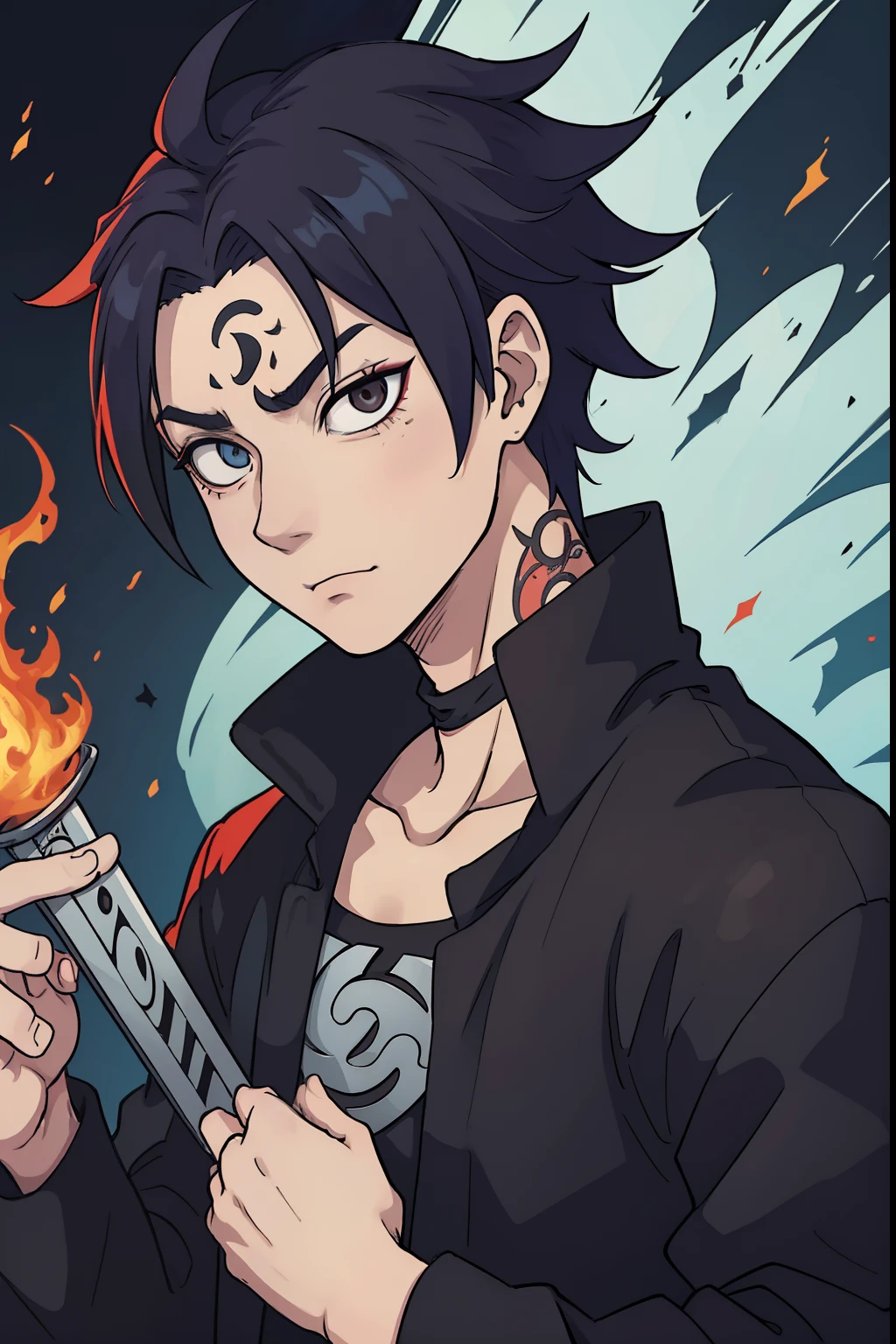a close up of a person with a tattoo on his arm, Ohararyu, com o dedo indicador, Ichigo Kurosaki, Sukuna, Retrato de Hisoka Hunter Hunter, Jujutsu Kaisen, Gilgamesh, Personagem de anime; arte de corpo inteiro, Akiyuki Shinbou, Coringa se parece com Naruto, Posar, cara bonito na arte demon slayer, Hisoka, um santuario como cenario de fundo, energia emanada, Aura de poder