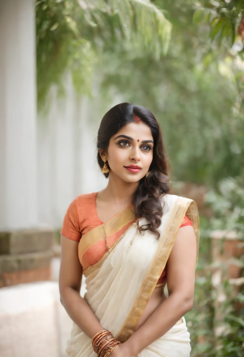 garden,full body,show cleavage, a beautiful kerala girl, kissing,wearing onam white saree, big cheeks, show navel, show cleavage, curvy body, very large boobs, intricate eyes, mid shot, high quality photo