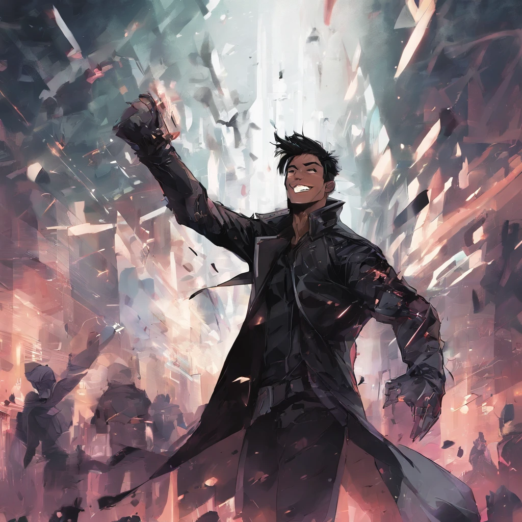 A male,With a smile on your face,grin,big laughter,Black color hair,black black jacket,Dark environment,A ray of light