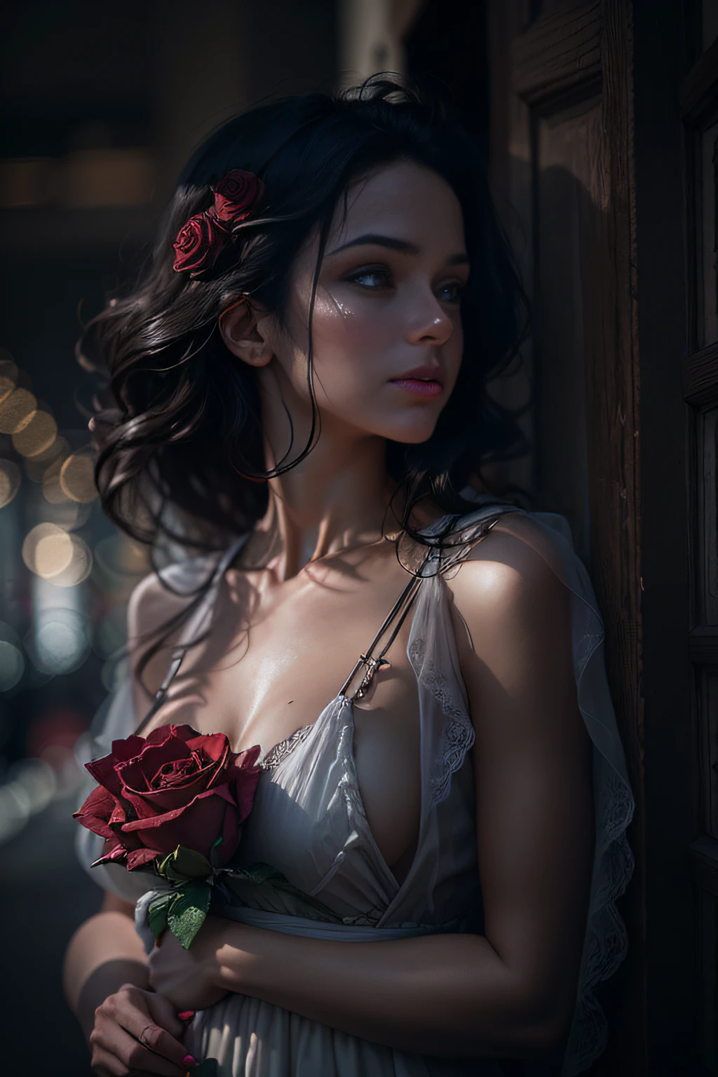 The photo is taken in a dark, moody setting. The girl is standing in the foreground, her back to the camera. She is wearing a long, flowing dress that reveals her curves. The dress is made of a sheer material that allows her skin to be seen through. Her hair is down and flowing around her shoulders. She is holding a single red rose in her hand. The lighting in the photo is dramatic. The girl is lit from behind, creating a halo effect around her. The rest of the photo is in shadow. This creates a sense of mystery and intrigue. The overall mood of the photo is sensual and alluring. The girl is the focus of the photo, and her beauty is undeniable. The dark, moody setting and the dramatic lighting create a sense of danger and excitement. The rose in her hand adds a touch of romance. This photo is a perfect example of a professional cinematic photo. It is well-lit, well-composed, and the subject is absolutely stunning. It is sure to capture the attention of anyone who sees it. The girl could be wearing high heels, which would further accentuate her curves. The rose could be placed in her hair, or she could be holding it to her lips. The background could be a city skyline, or it could be a forest or beach. The photo could be taken in black and white, which would add to the drama and mystery. No matter how the photo is ultimately composed, it is sure to be a stunning and memorable image.